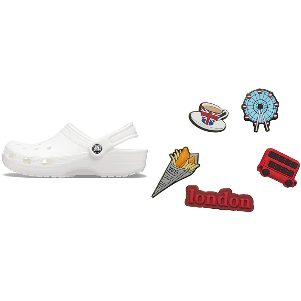 Crocs Classic Clogs for Men & Women with 5-Pack Jibbitz Charms - Comfortable Slip-On Shoes for Travel, Work & Home Use