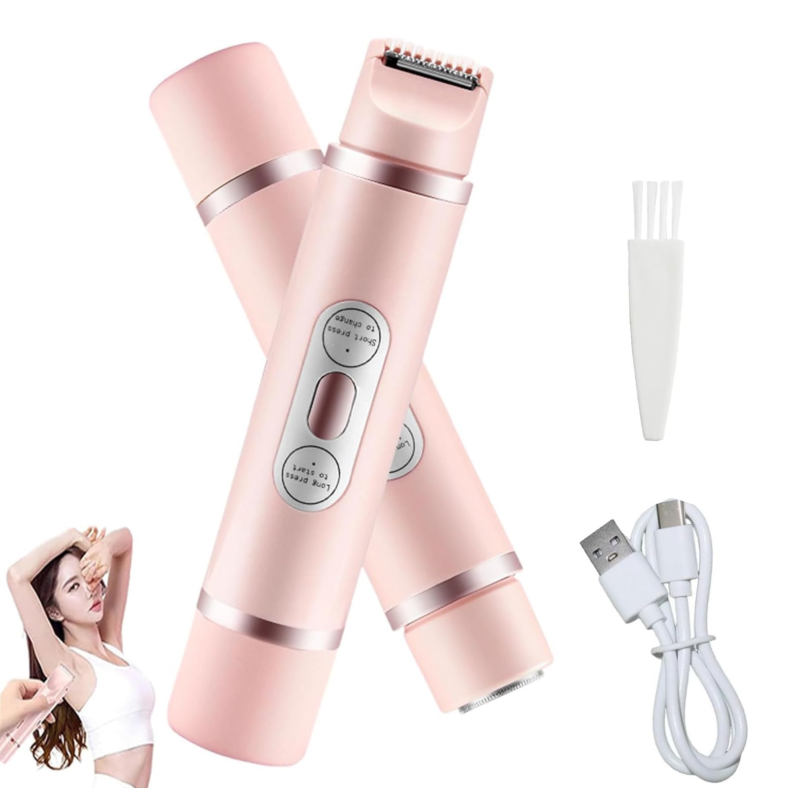 2 in 1 Electric Shaver for Women - Dual Head Waterproof Wet/Dry Lady Shaver for Face, Underarms & Legs | Painless Hair Removal | Travel & Gym Use (Pink)