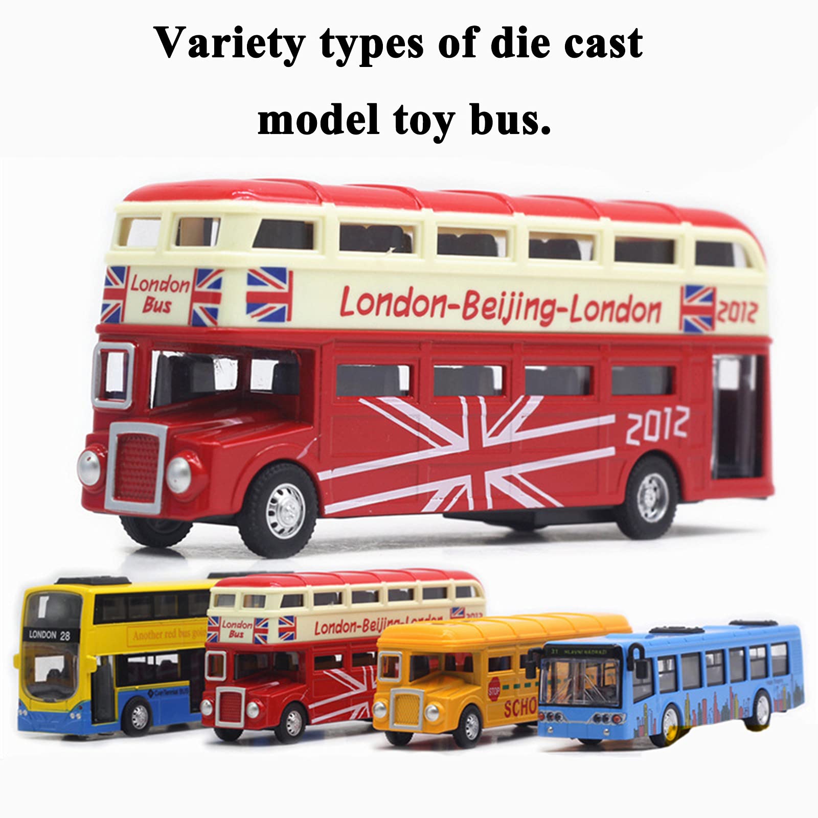 OTONOPI Pull Back School Bus Toy Set - 4 Pack Double Decker London City Tour Vehicles, Die Cast Metal Friction Powered Toy Cars for Kids | Perfect for Pretend Play, Travel Adventures & Collectible Display