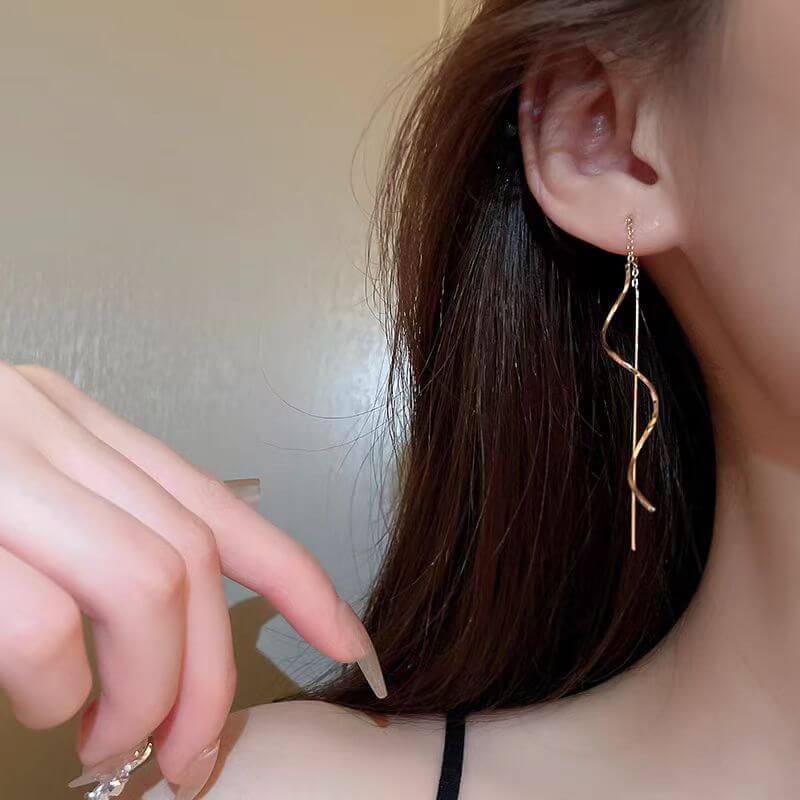 Gold Spiral Long Chain Threader Earrings for Women - Dainty Boho Chic Jewelry Gift for Party, Date Night & Everyday Wear | HE15915