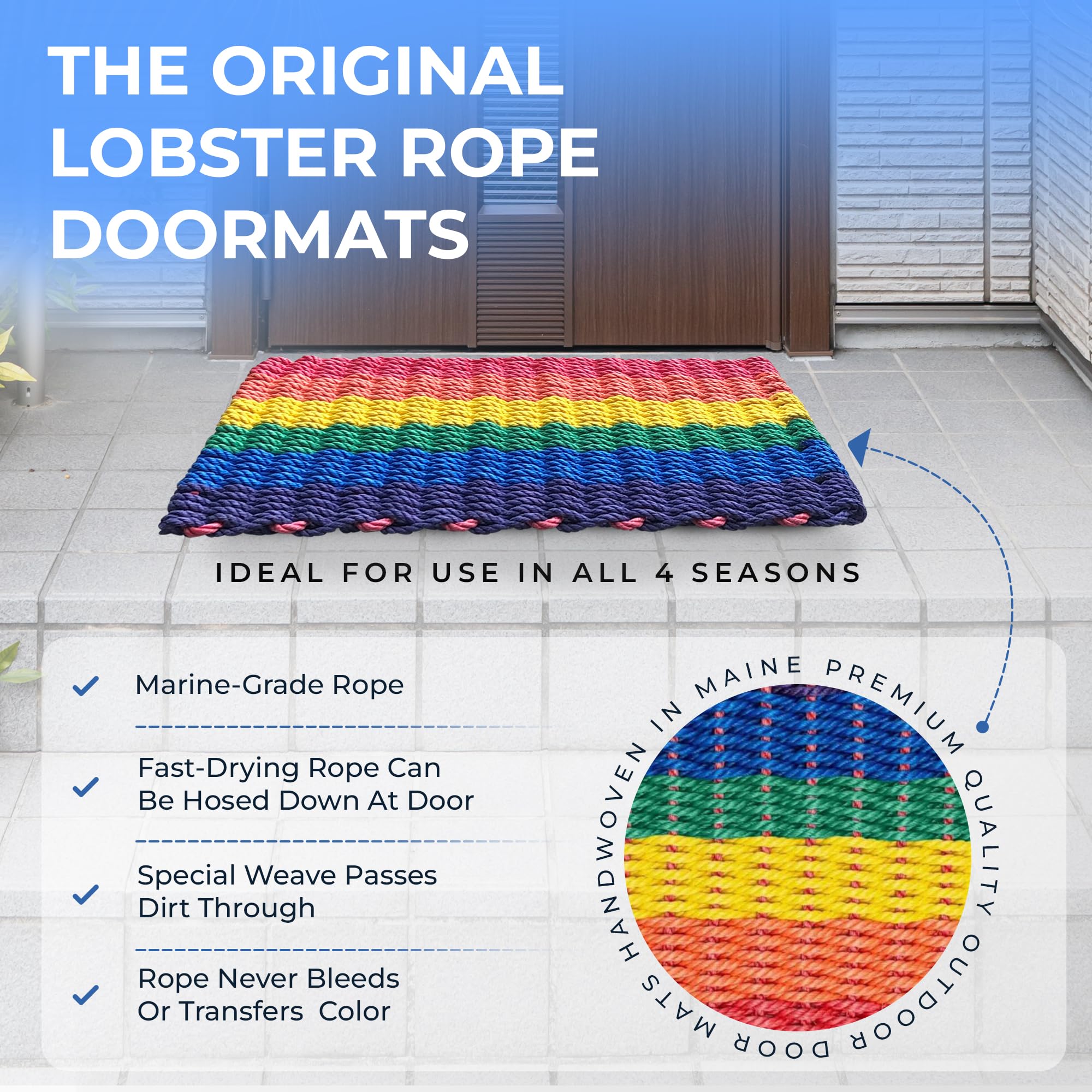 Premium Outdoor Lobster Rope Doormat - All-Weather Woven Welcome Mat from Durable Nautical Rope (Rainbow Stripe, 24x36 Inches) - Perfect for Front Door, Patio, Deck & Beach House Entryway