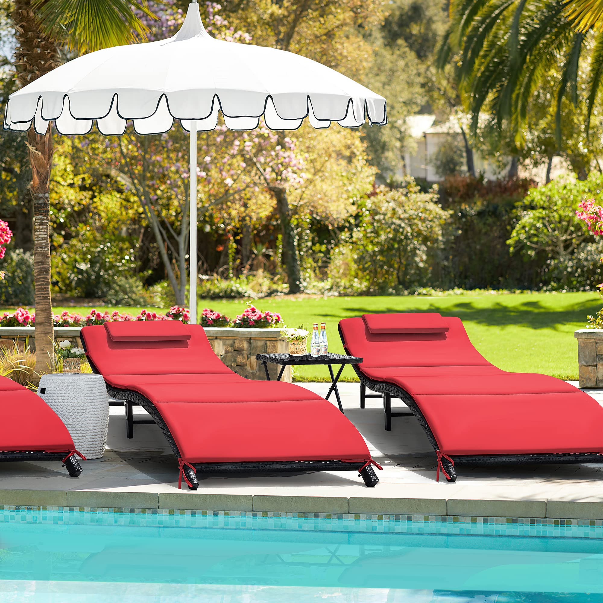 Homall 3-Piece Patio Chaise Lounge Chair Set - Outdoor PE Rattan Reclining Chairs with Folding Table & Cushions for Poolside, Beach & Backyard Relaxation (Red)