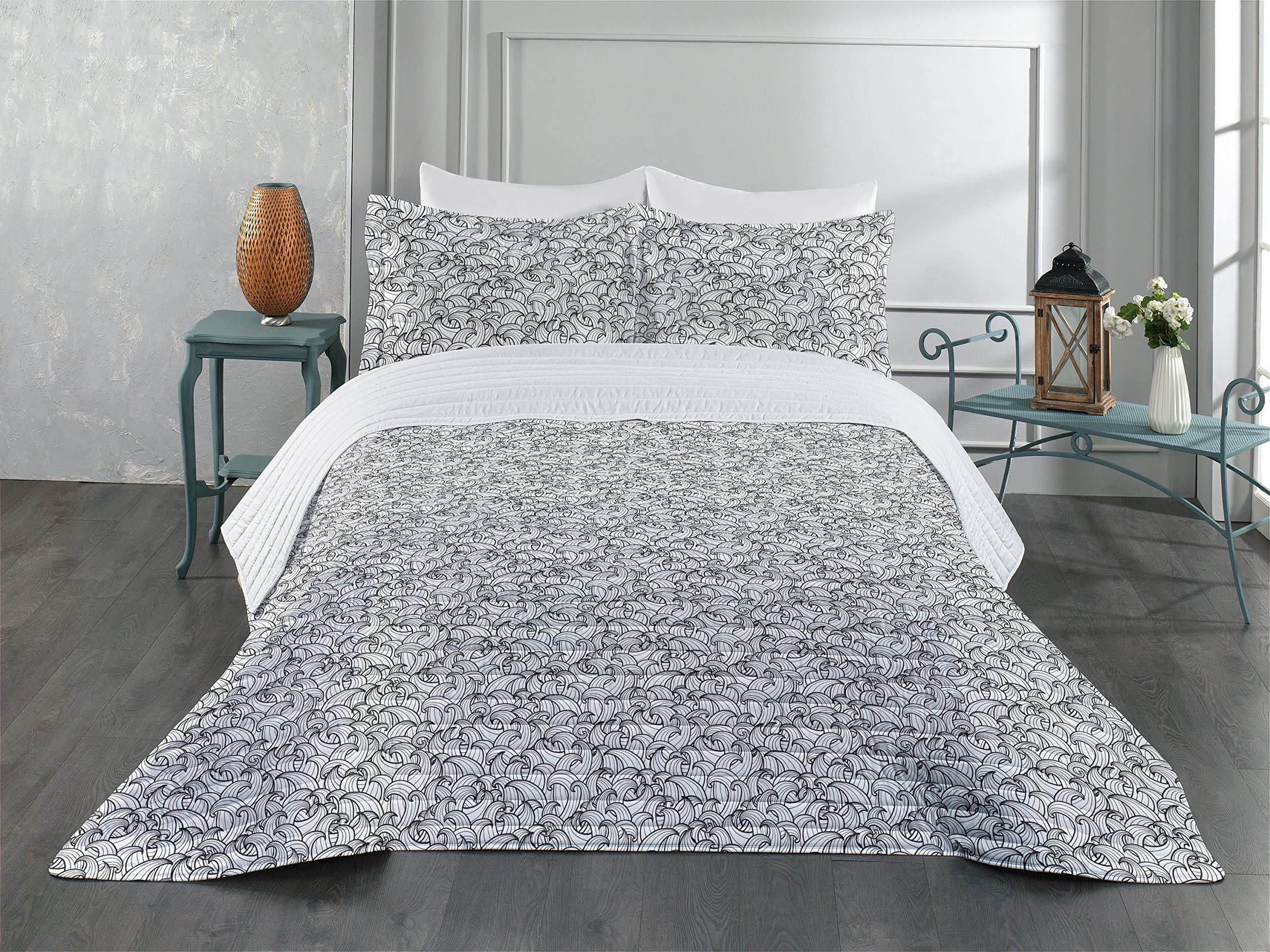 Ambesonne Black and White Microfiber Bedspread Set - Abstract Sea Storm Design with Curly Waves, Striped Doodle Water Flow - Soft Queen Size Bedding Set Includes Pillow Shams & Comforter - Perfect for Coastal, Modern or Minimalist Bedroom Decor