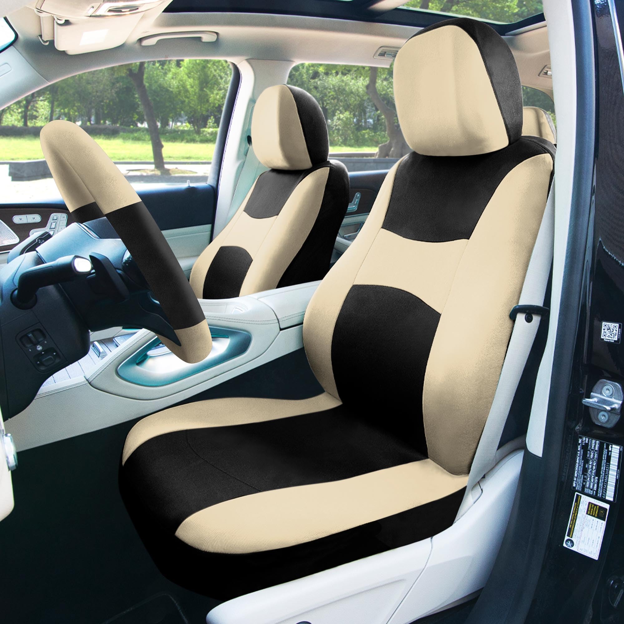 FH Group Light Breezy Beige Car Seat Cover Combo Set - Universal Fit for Cars, Trucks & SUVs | Includes Luxe Carpet Floor Mats & Steering Wheel Cover | Perfect for Road Trips, Daily Commute & Interior Protection
