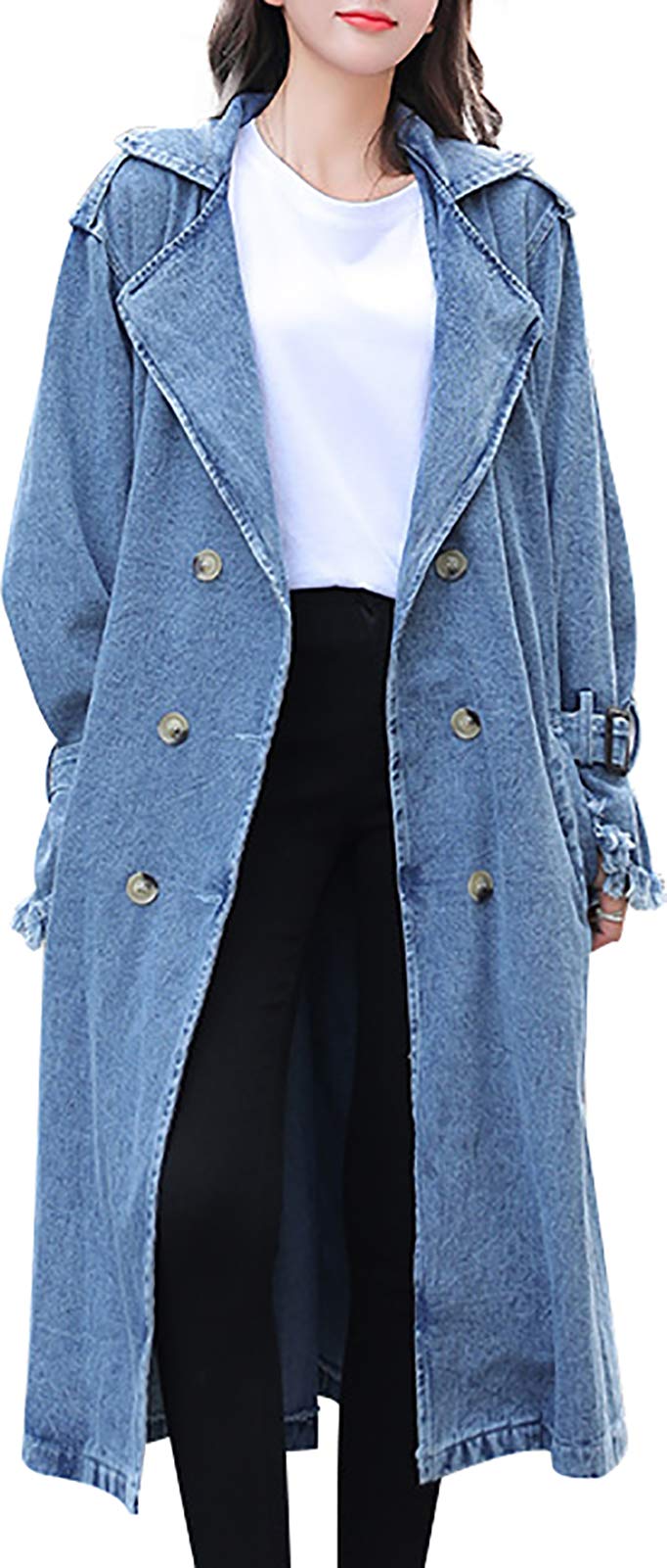 Stylish Women's Long Denim Jacket with Belt - Oversized Button Down Trench Coat for Spring - Casual Long Sleeve Jean Jacket for Everyday Wear, Date Night & Outdoor Activities