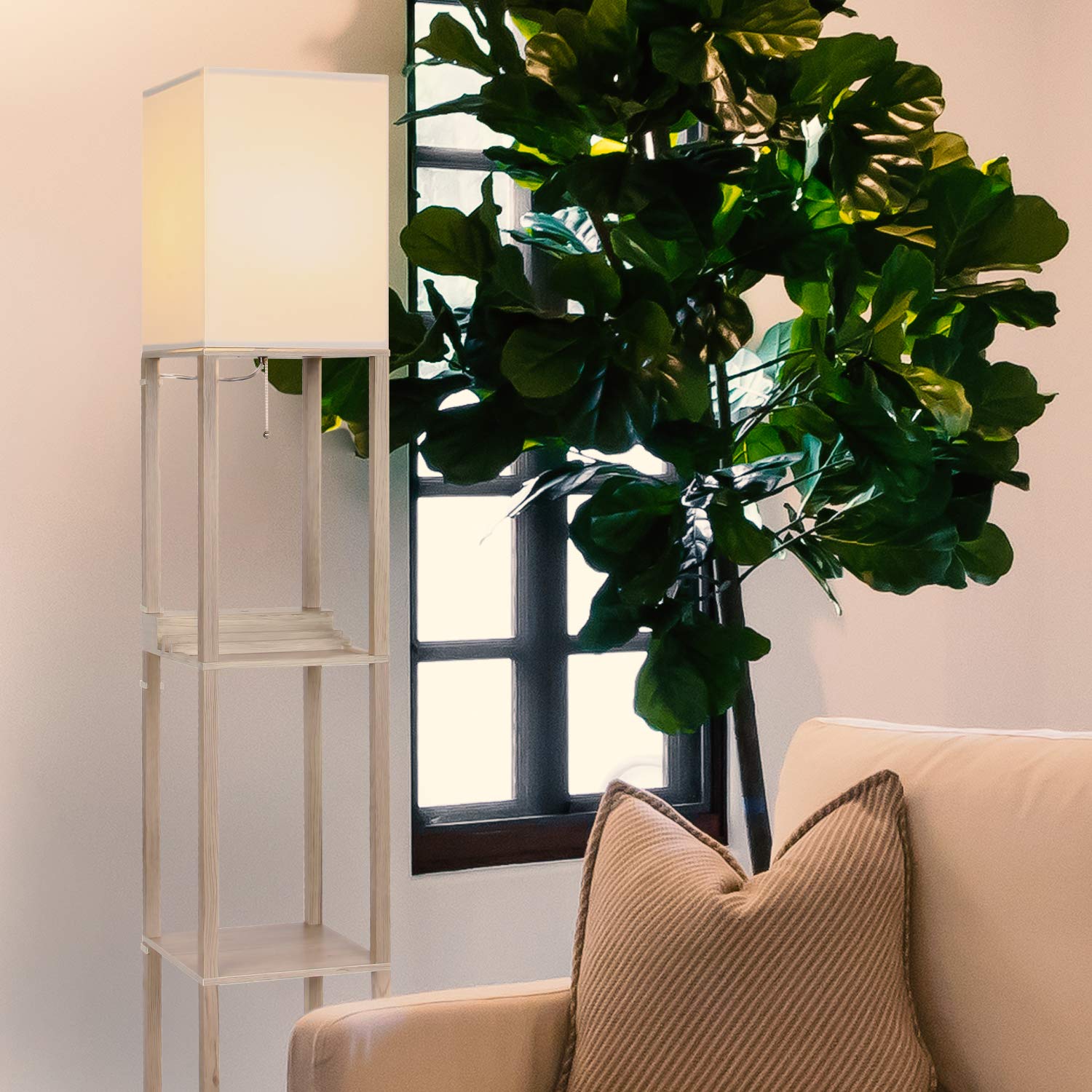 Brightech Maxwell Modern Shelf Floor Lamp with USB Ports & Outlet - Rustic Wood Corner Display Lamp for Living Room, Bedroom, Office - Perfect for Reading, Charging Devices & Home Decor