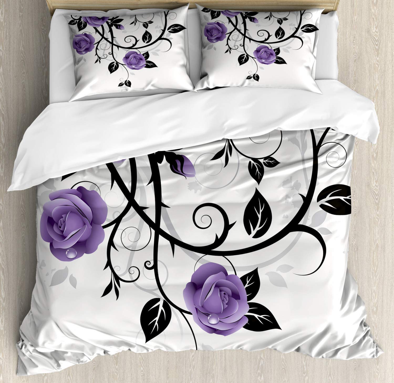 Lunarable Floral Duvet Cover Set - Spring Roses with Monochrome Branches on Grunge Background, 3-Piece Bedding Set with 2 Pillow Shams, California King Size, Lavender Black & White | Perfect for Bohemian Bedroom Decor & Guest Room Styling