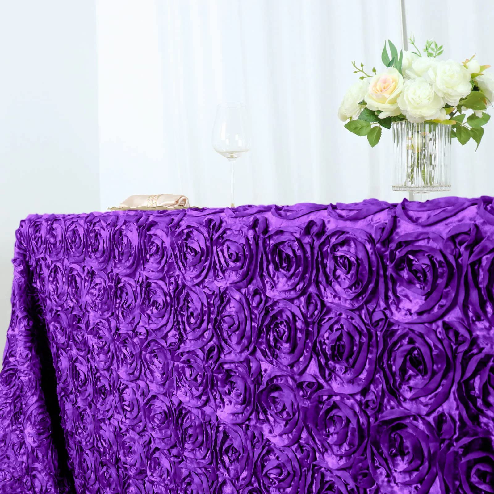 BalsaCircle 90x156 Inch Purple Satin Raised Rosettes Rectangle Tablecloth - Elegant Wedding Reception, Party Banquet & Formal Dining Room Table Linens for Special Occasions