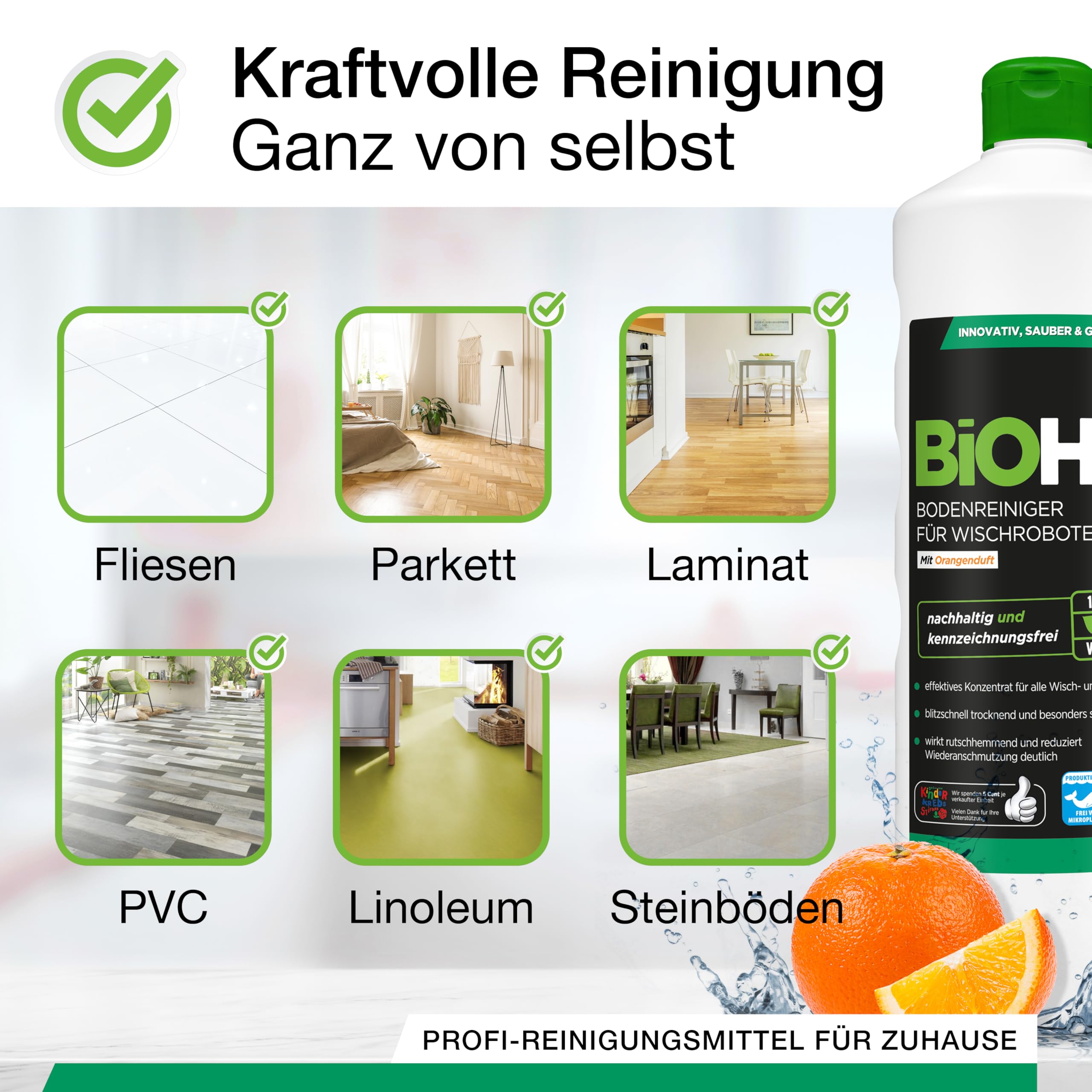 BiOHY Orange Scented Floor Cleaner for Robot Mops (3 x 1L Bottles) | Concentrated Cleaning Solution for All Robot Vacuum Mops | No Foam Formula | Perfect for Hardwood, Tile & Laminate Floors