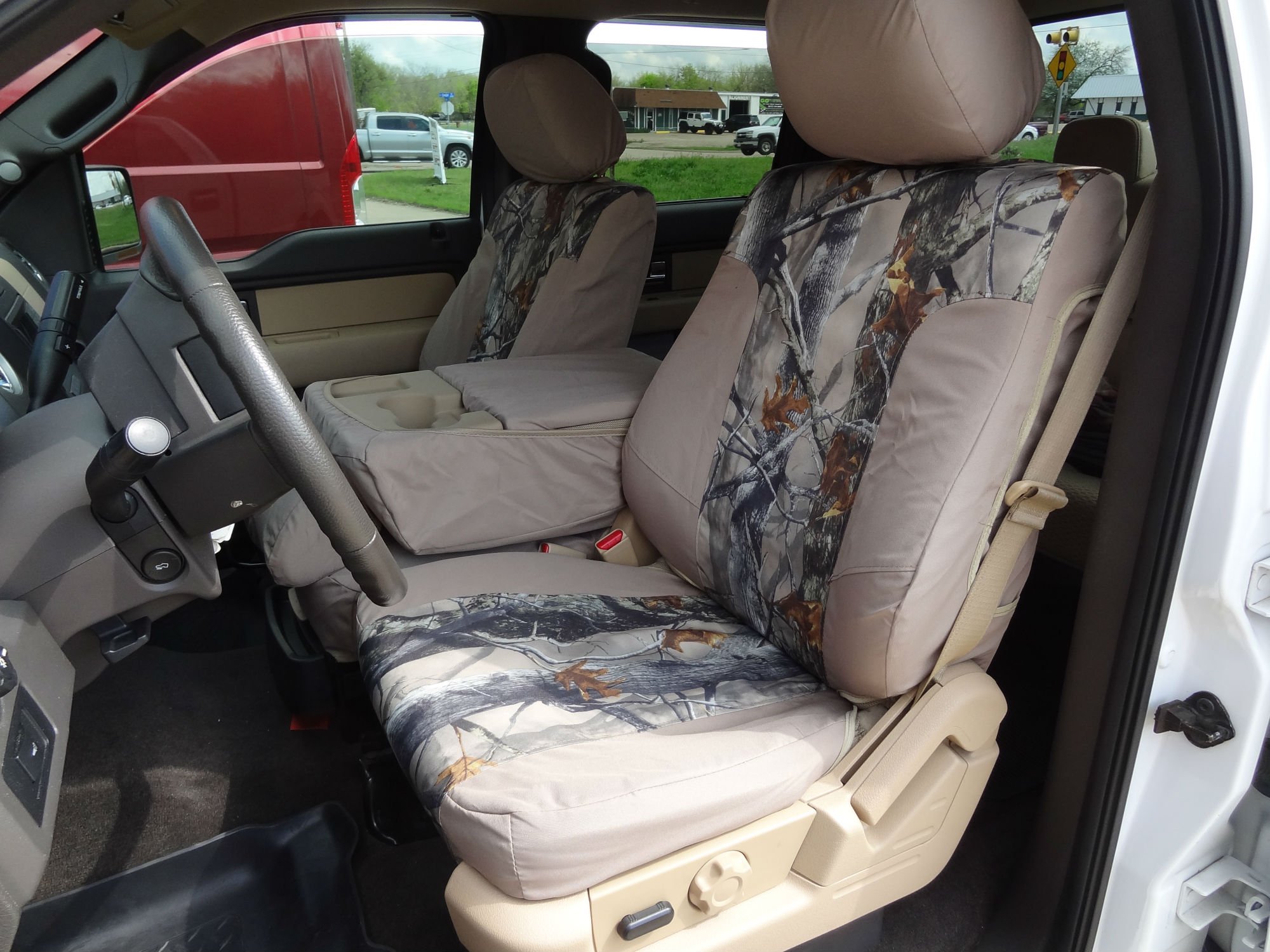 Custom Waterproof Durafit Seat Covers for 2011-2013 Ford F150-F550 Trucks - 40/20/40 Split Front Seat Design with Console Opening in Tan-Camo Endura Fabric | Perfect for Off-Roading, Work Trucks & Outdoor Adventures