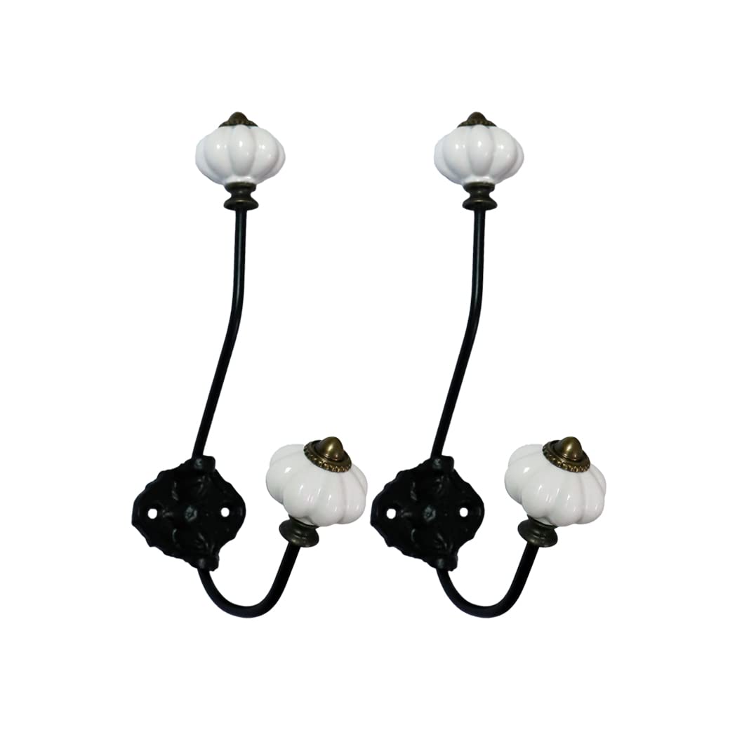 **2-Pack Antique Ceramic & Iron Wall Hooks with Screws - Vintage Pumpkin Design, White - Perfect for Coats, Hats, and Home Decor**