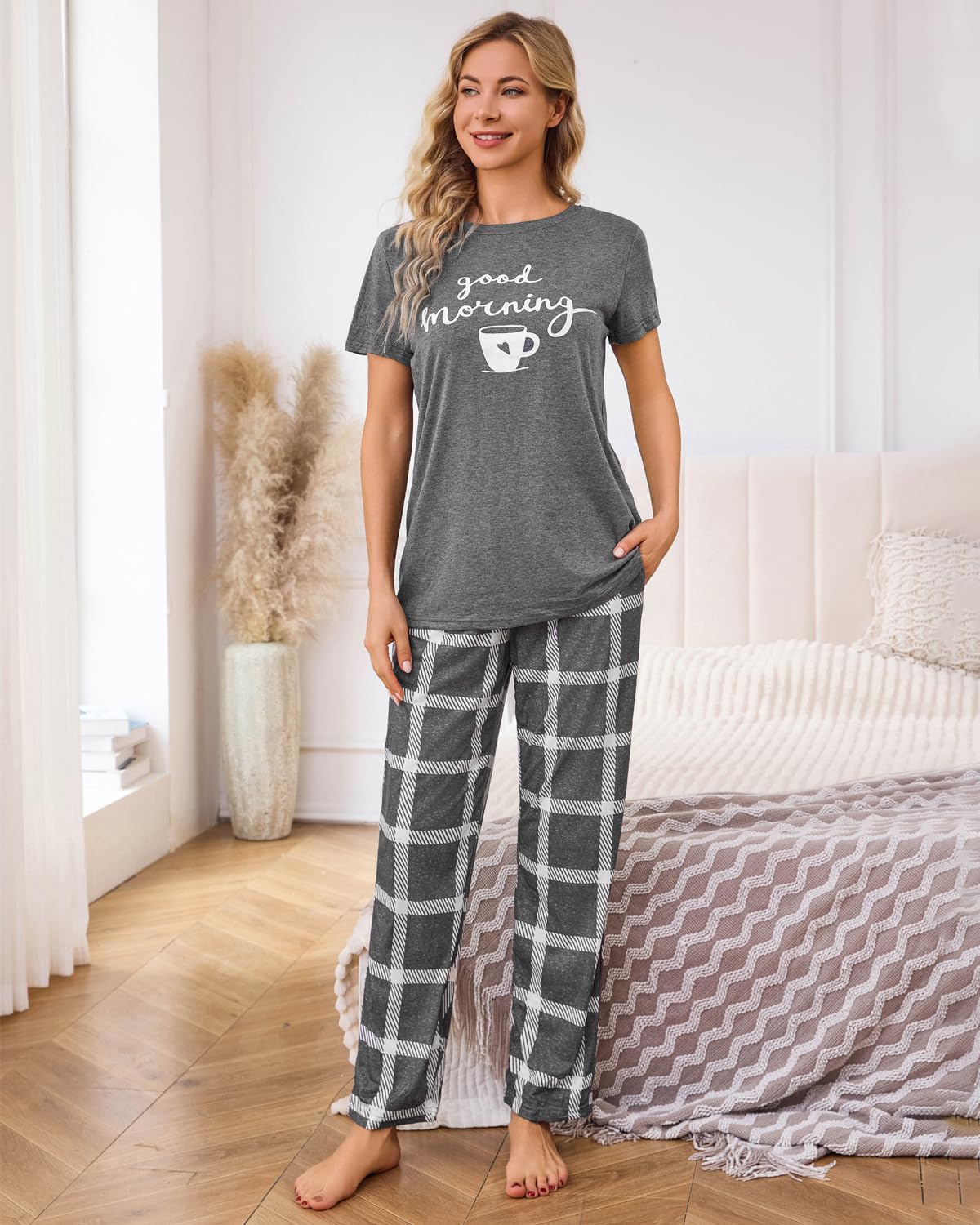 Difficort Women's Pajama Sets - Soft Short Sleeve Sleep Shirt & Comfortable Long Pants Lounge Outfit with Pockets - Perfect for Sleeping, Lounging & Home Relaxation