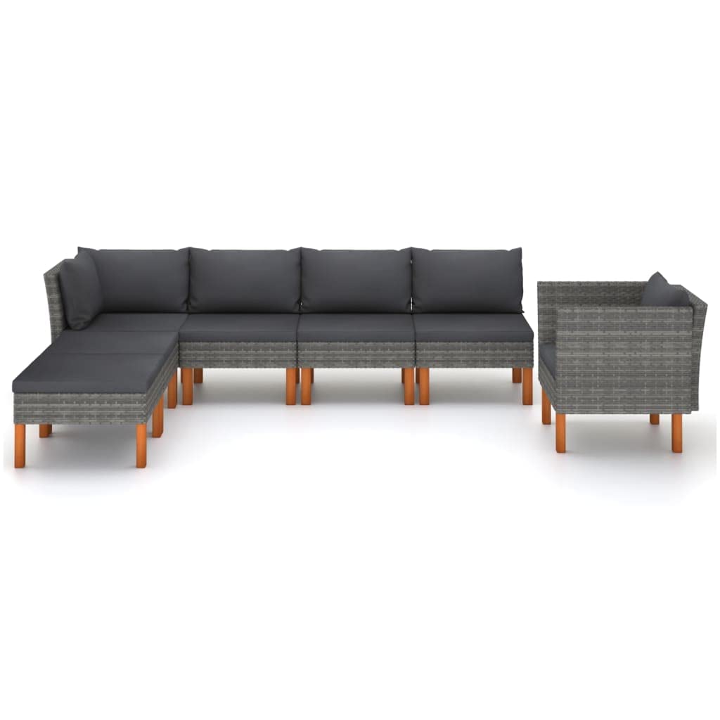 7-Piece Patio Lounge Set with Cushioned Seating - Gray Poly Rattan & Eucalyptus Wood Outdoor Furniture for Porch, Garden, Backyard - Perfect for Relaxing and Entertaining Guests