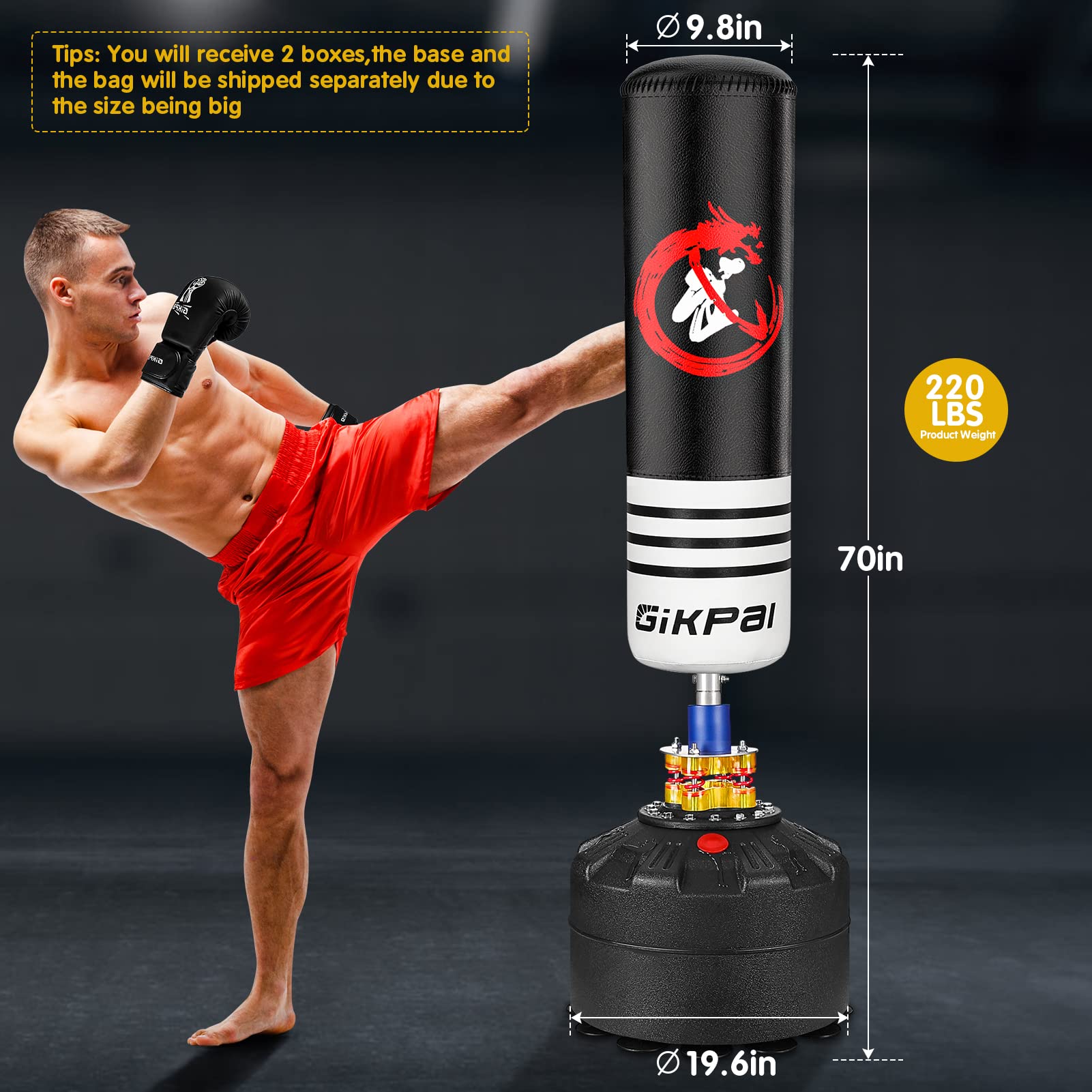 GIKPAL 70'' Freestanding Heavy Punching Bag with Stand - Boxing Training Equipment for Adults, Teens & Kids | Includes Boxing Gloves & 12-Suction Cup Base | Perfect for Home Gym, Office Workout & Kickboxing Practice