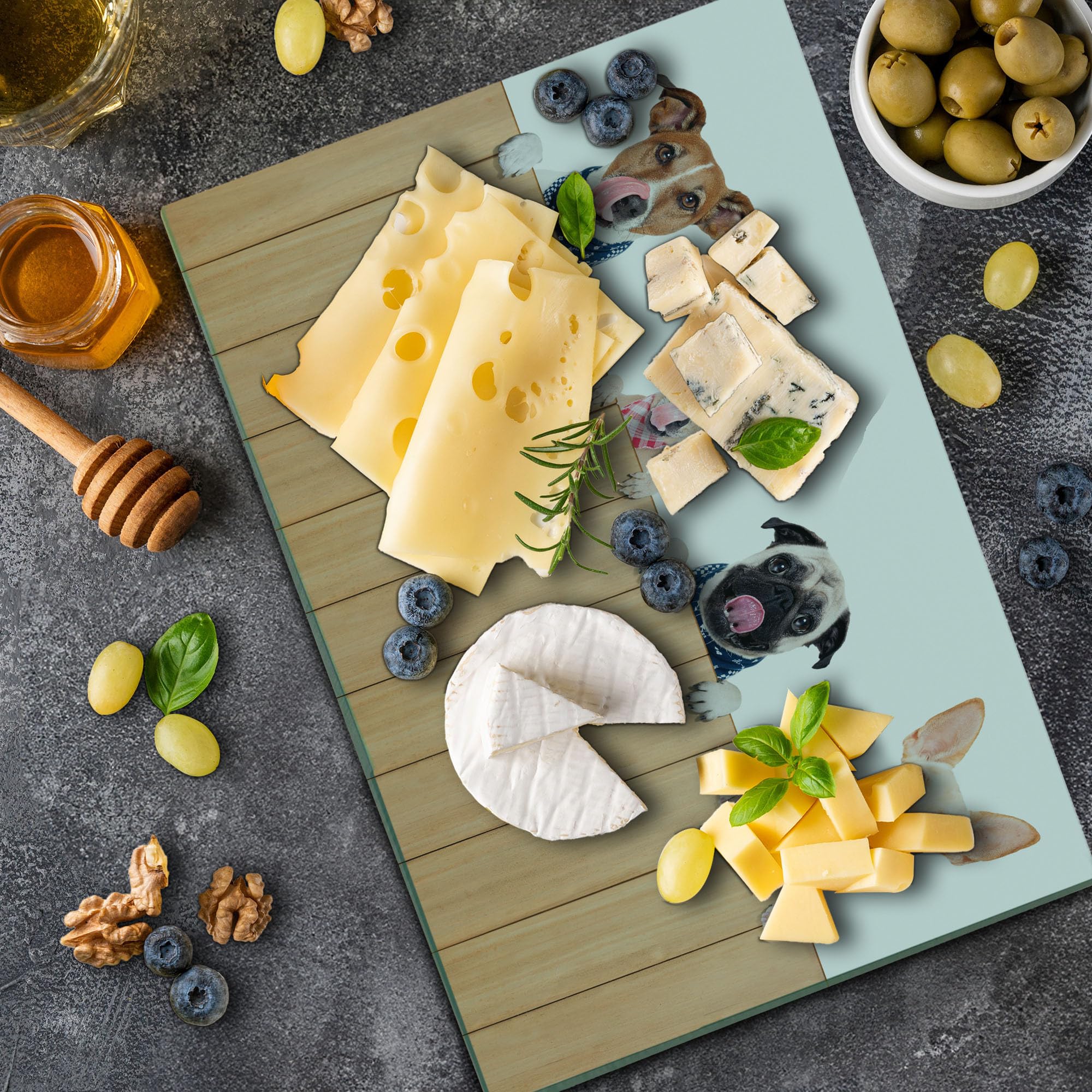 Lunarable Dog Lover Cutting Board - Large Tempered Glass Serving Board with Playful Hungry Dogs Design (Sand Brown/White) - Perfect for Kitchen Decor, Cheese Platters & Pet Lover Gifts