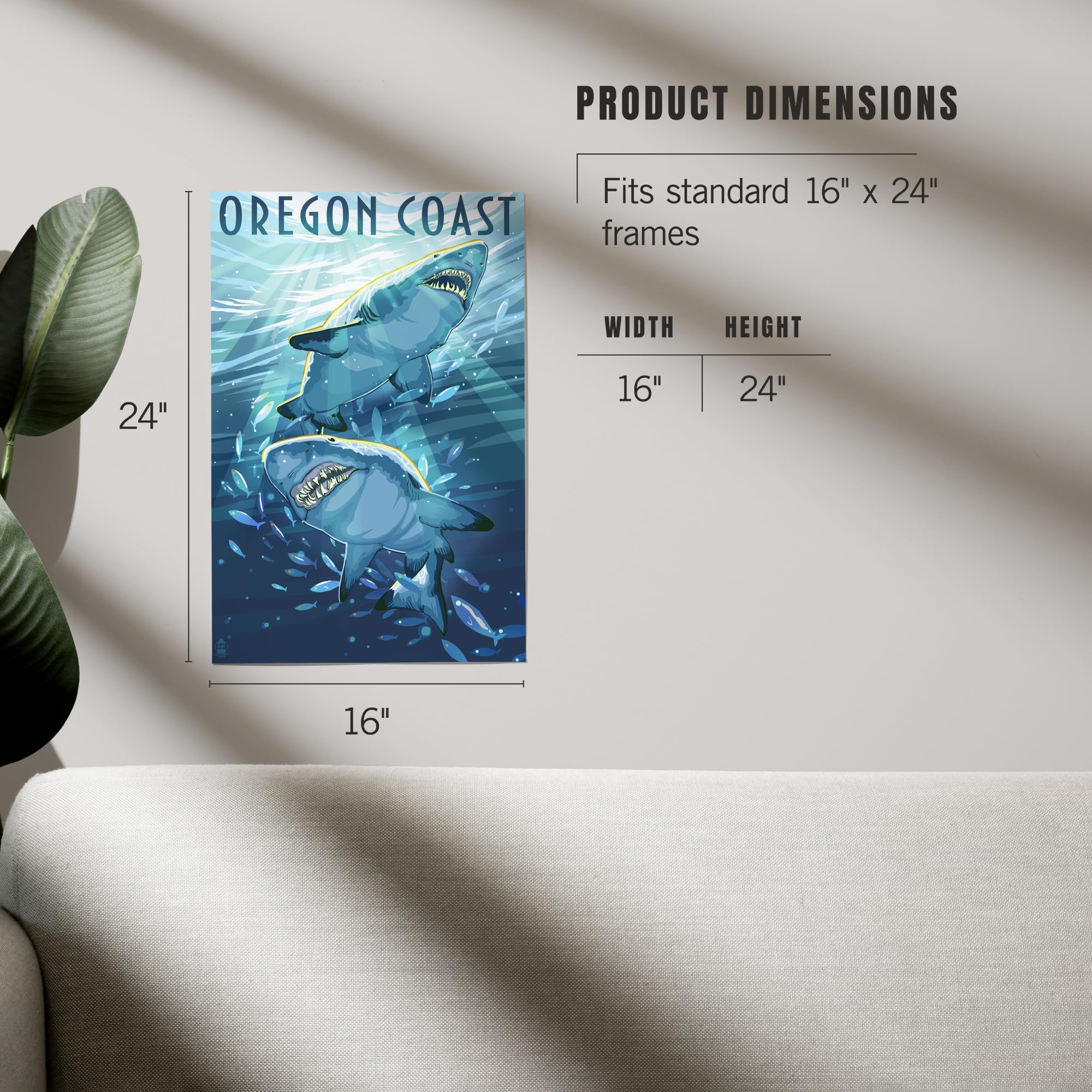 Lantern Press 16x24 Inch Giclee Art Print - Oregon Coast with Great White Sharks Wall Decor - Perfect for Living Room, Bedroom & Office