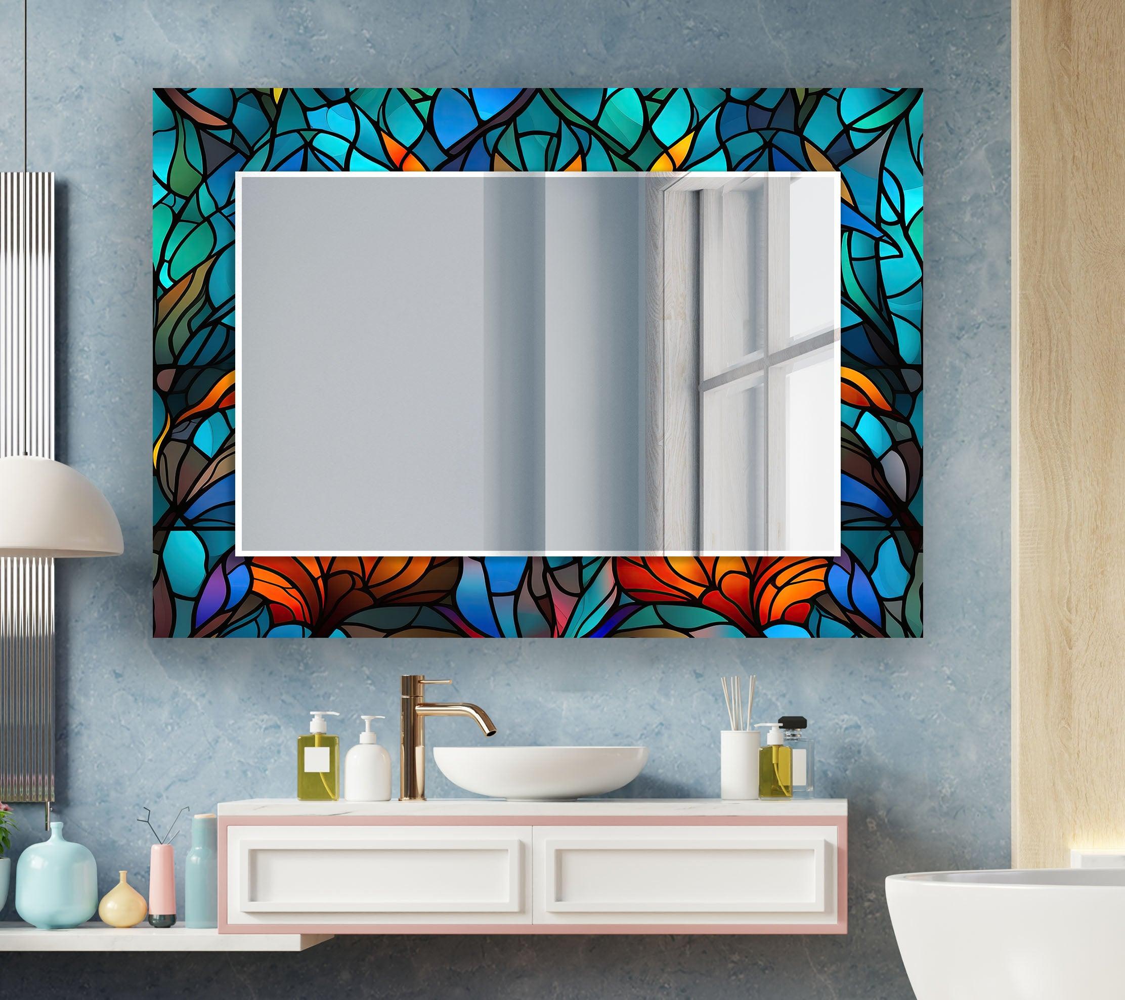 Blue Orange Leaf Wall Mirrors - Decorative Round Mirror for Living Room, Bedroom, Bathroom - Boho Home Decor Accent Piece