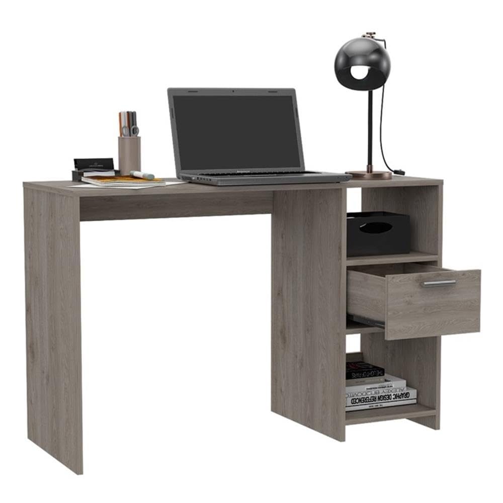 Modern Light Gray Arlington Computer Desk with Drawer & 2 Open Shelves - Home Office Workstation for Small Spaces, Study Room, or Bedroom Workspace