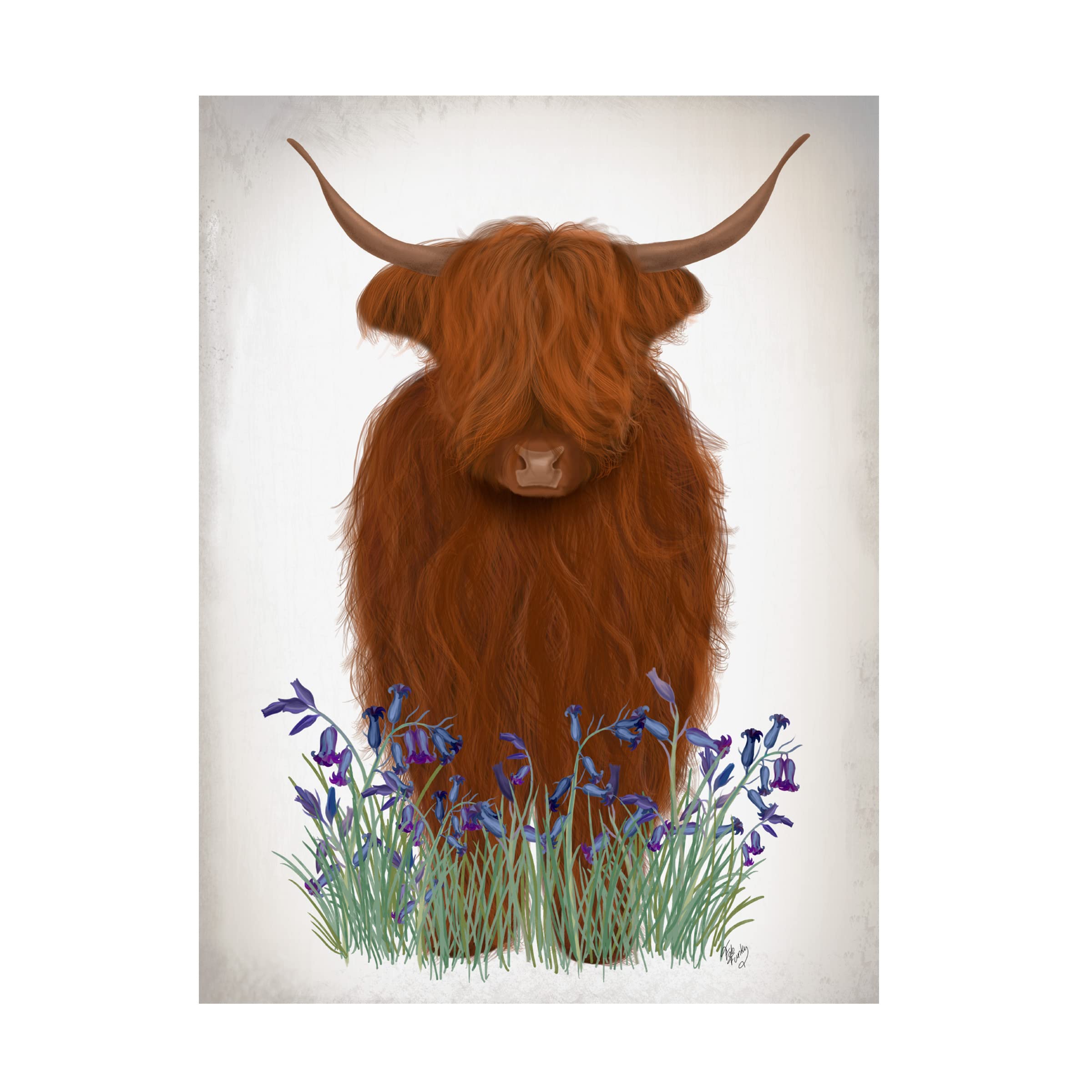 Trademark Fine Art 'Highland Cow Bluebell' Canvas Wall Art by Fab Funky - Scottish Highland Cow Painting for Living Room, Bedroom & Office Decor