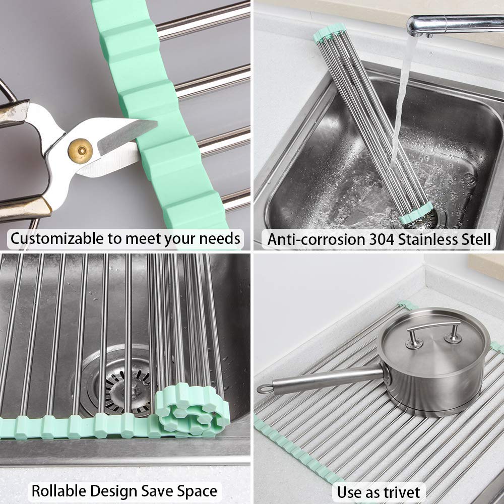 SCILLA Foldable Roll-Up Dish Drying Rack for Kitchen Sink - Non-Slip Silicone & Stainless Steel Drain Rack for Plates, Utensils, and Vegetables - Space-Saving Kitchen Organizer for Small Spaces and RVs