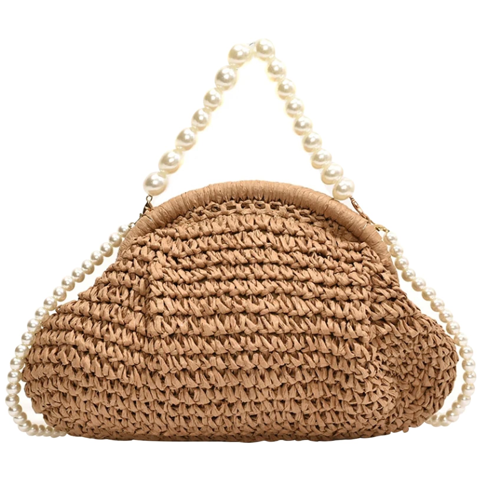 Khaki Straw Crossbody Bag for Women - Woven Clutch with Pearl Chain, Summer Beach Wedding Purse, Portable Shoulder Handbag for Vacation, Travel & Outdoor Events