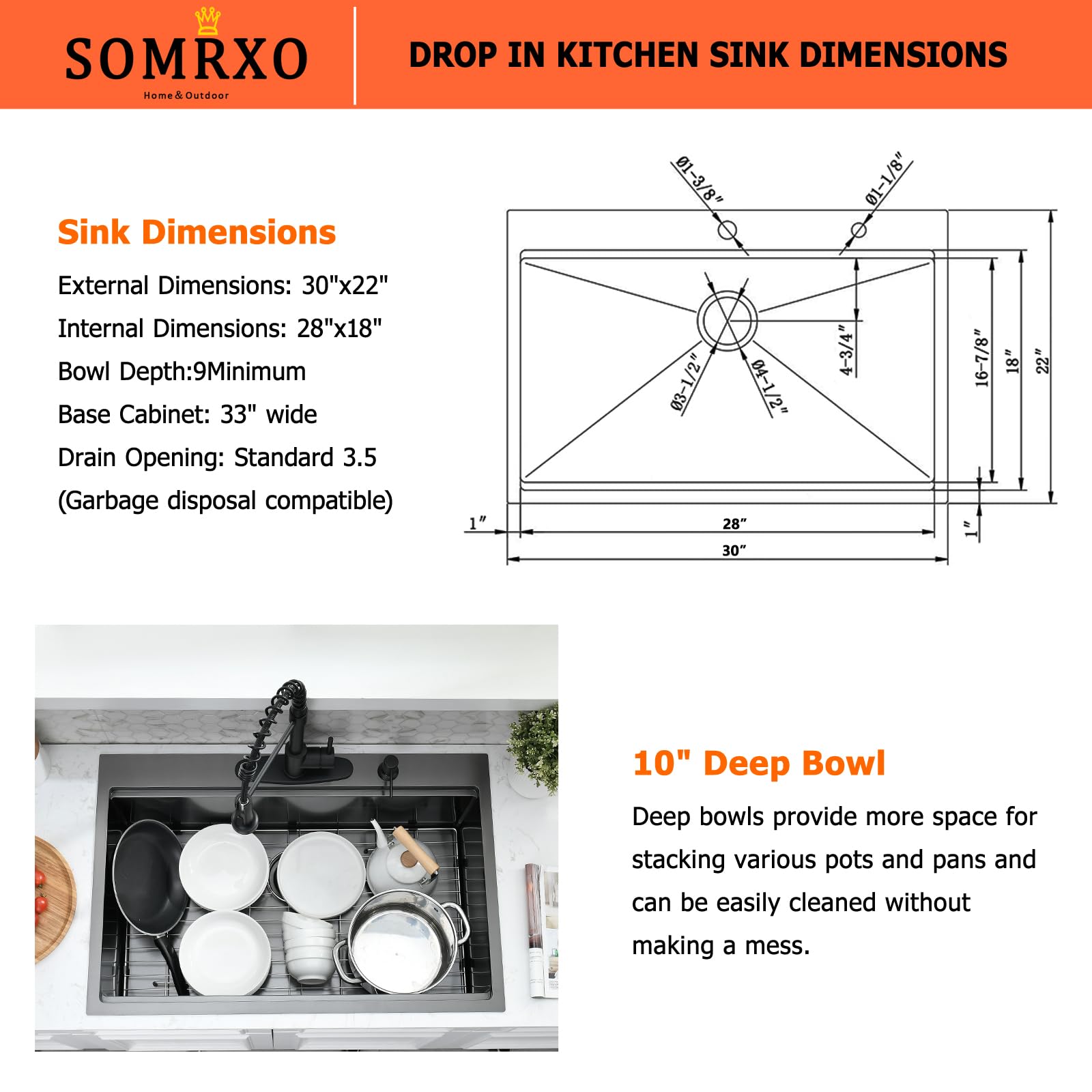 30×22 Inch Black Stainless Steel Kitchen Sink Drop In - 16 Gauge Heavy Duty 10