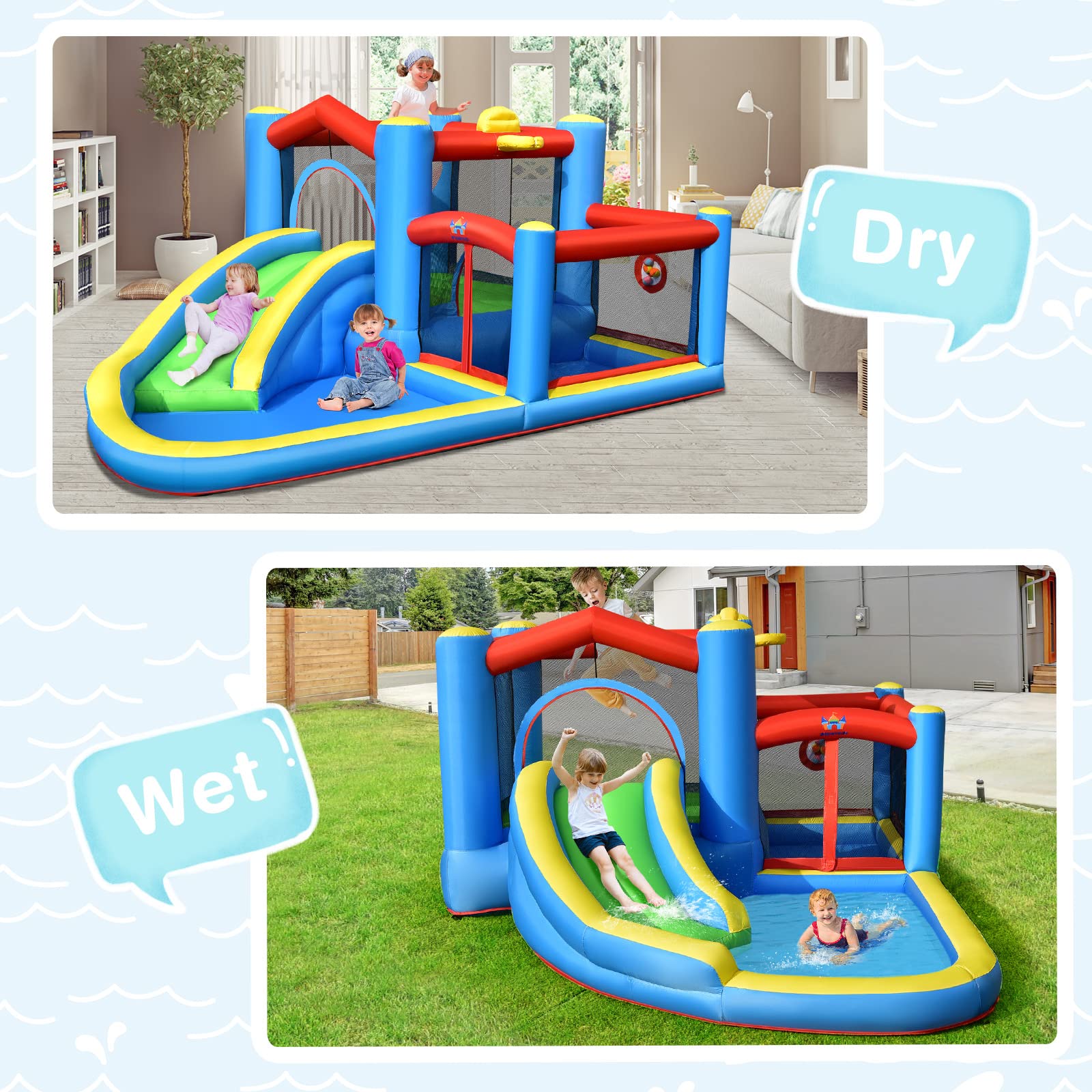 **HONEY JOY 6-in-1 Inflatable Water Slide for Kids & Adults - Giant Blow Up Bouncy Water Park with Target Ball & Climbing Wall - Outdoor Backyard Water Bounce House with 480W Blower - Perfect for Summer Parties, Birthdays & Family Fun**