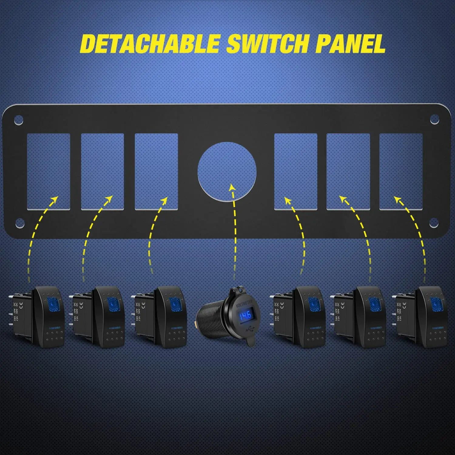 6 Gang Aluminum ON/Off Blue LED Rocker Switch Panel with QC 3.0 Dual USB Charger & Voltmeter - Perfect for Marine, RV, Truck, and Boat Electrical Control Systems