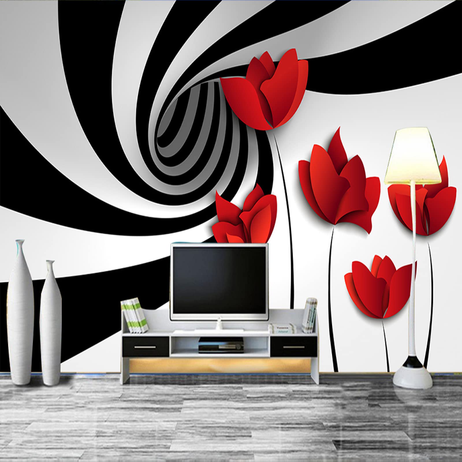 3D Black and White Striped Floral Print Removable Self-Adhesive Wallpaper Mural - 106