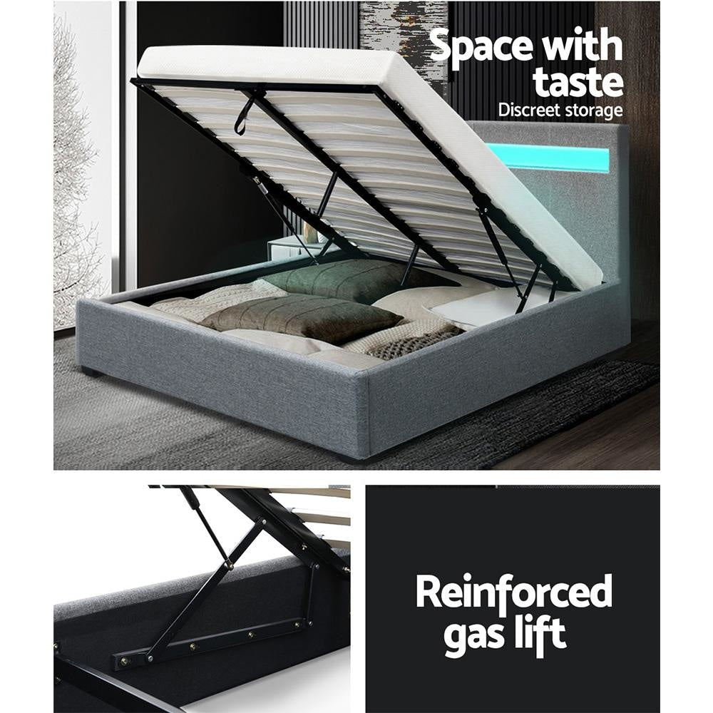 Cole LED Bed Frame with Fabric Upholstery & Gas Lift Storage - Grey Double Size, Perfect for Modern Bedrooms & Small Spaces with Built-in LED Lighting & Underbed Storage