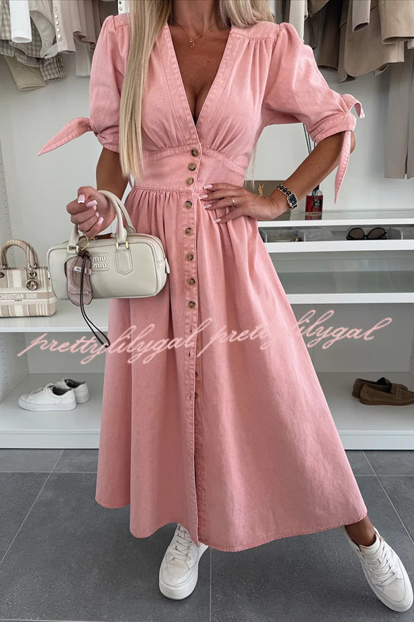 Stylish Solid Color V-Neck Button Down Denim Midi Dress for Women | Casual & Office Wear | Perfect for Spring & Summer Outings