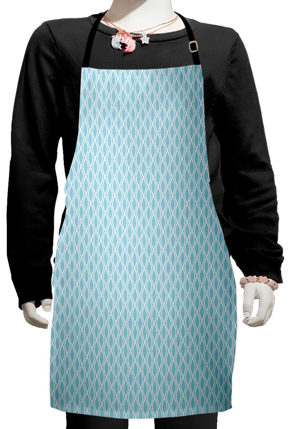 Ambesonne Modern Kitchen Apron - Adjustable Ties, Small Size, Pale Blue & White Wavy Lines Design - Perfect for Baking, Cooking, Painting & Outdoor BBQ Parties