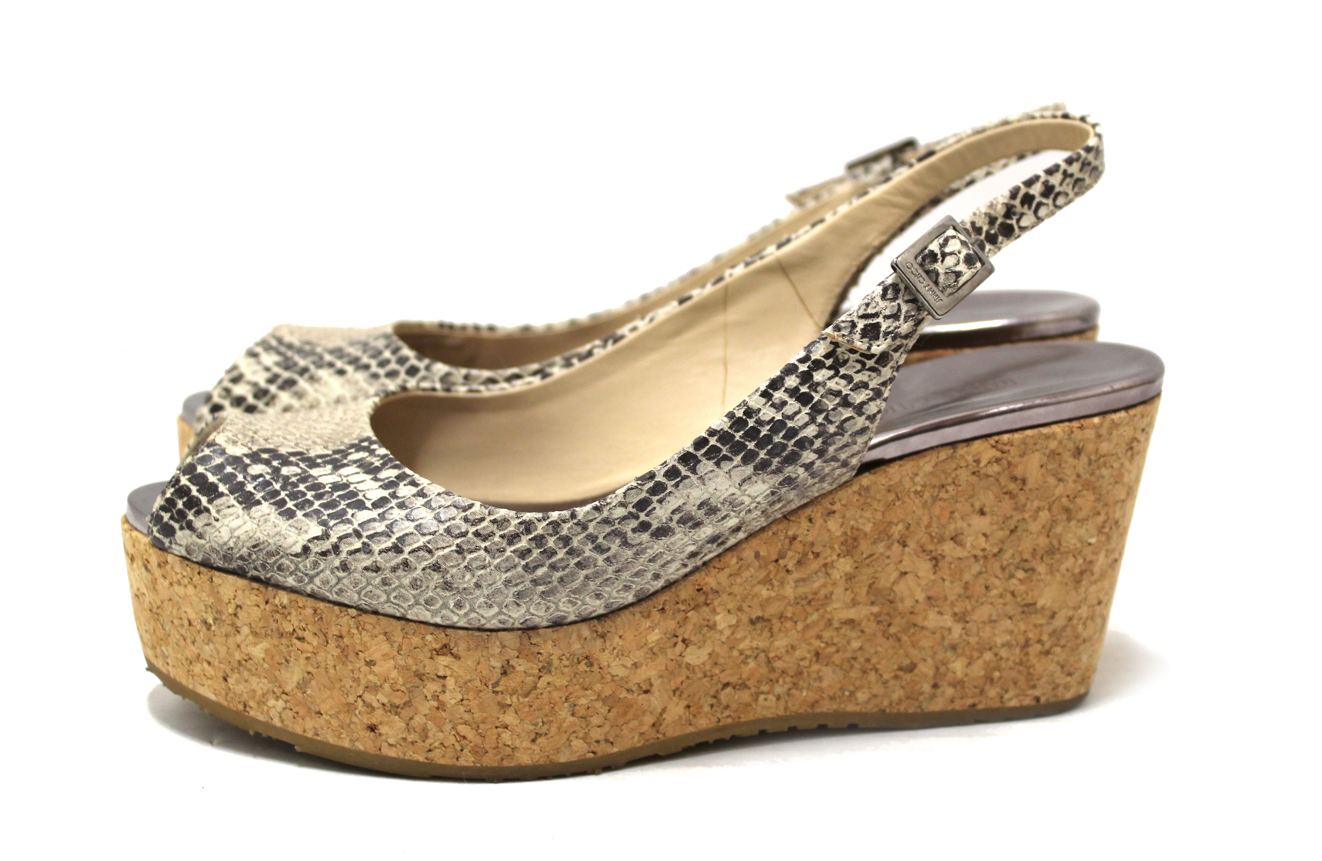 Authentic Jimmy Choo Snake Embossed Leather Cork Wedge Heel Sandals - Women's Size 37 (US 7) - Perfect for Weddings, Parties & Summer Outings