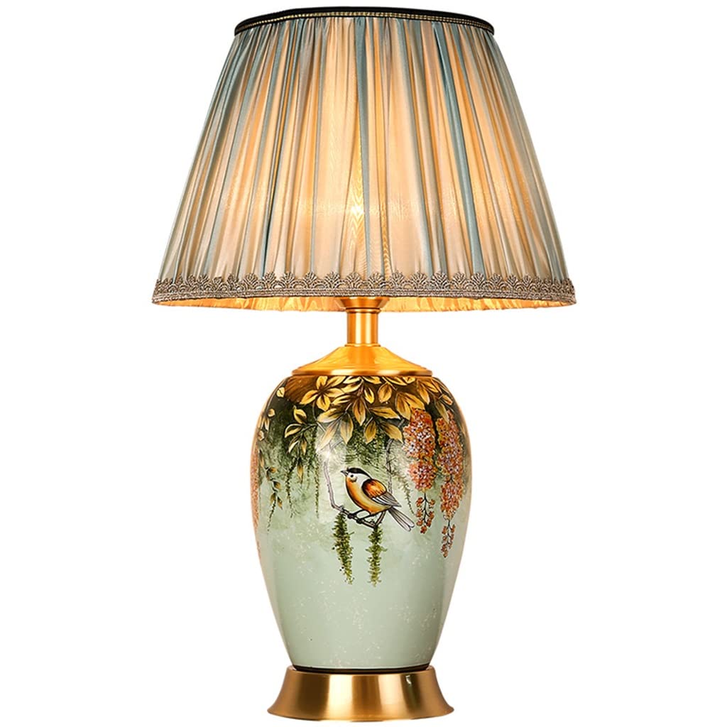 Pastoral Green Ceramic Table Lamp with Flower & Bird Design for Bedroom, Living Room, Home Office Decor