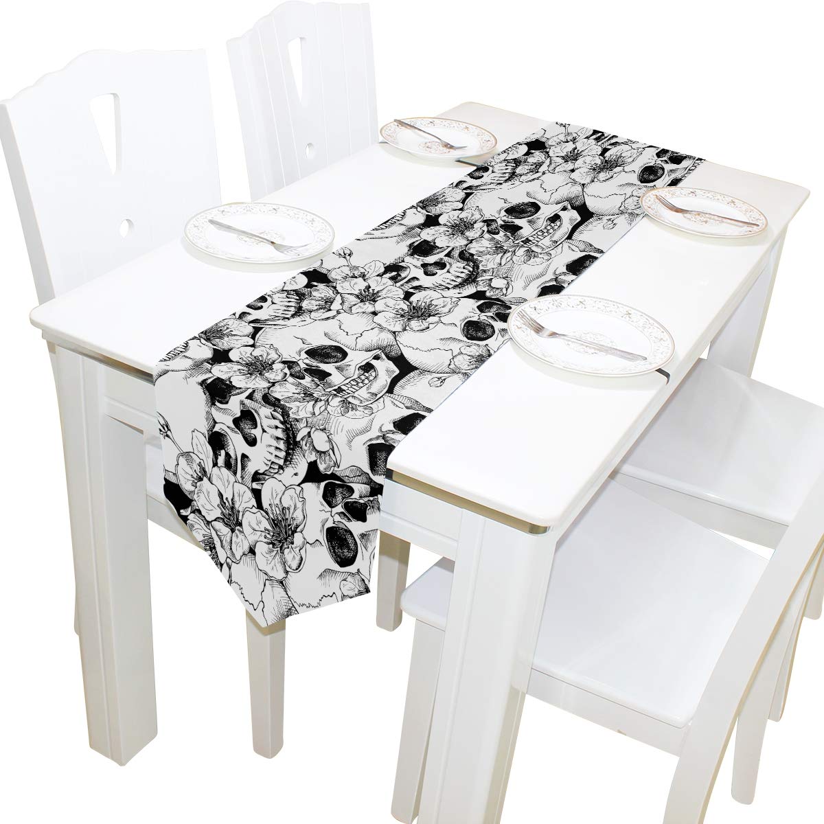 AUUXVA 13x90 Inches Long Sugar Skull Floral Print Polyester Table Runner - Decorative Dining Table Cover for Kitchen, Coffee Table, Party Banquet & Holiday Decorations | Perfect for Dia de los Muertos Celebrations, Halloween Decor & Mexican-Themed Events