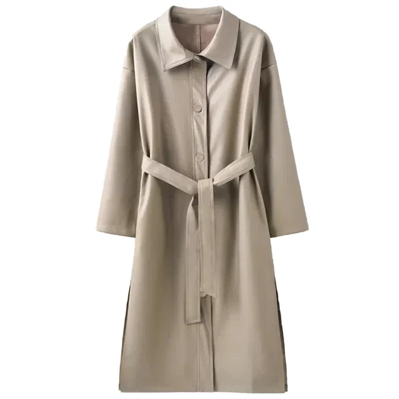 Stylish Women's Autumn Long Black PU Leather Trench Coat with Belt - Single Breasted Loose Fit Korean Fashion Outerwear for Fall 2022 | Perfect for Office, Dating & Casual Outings