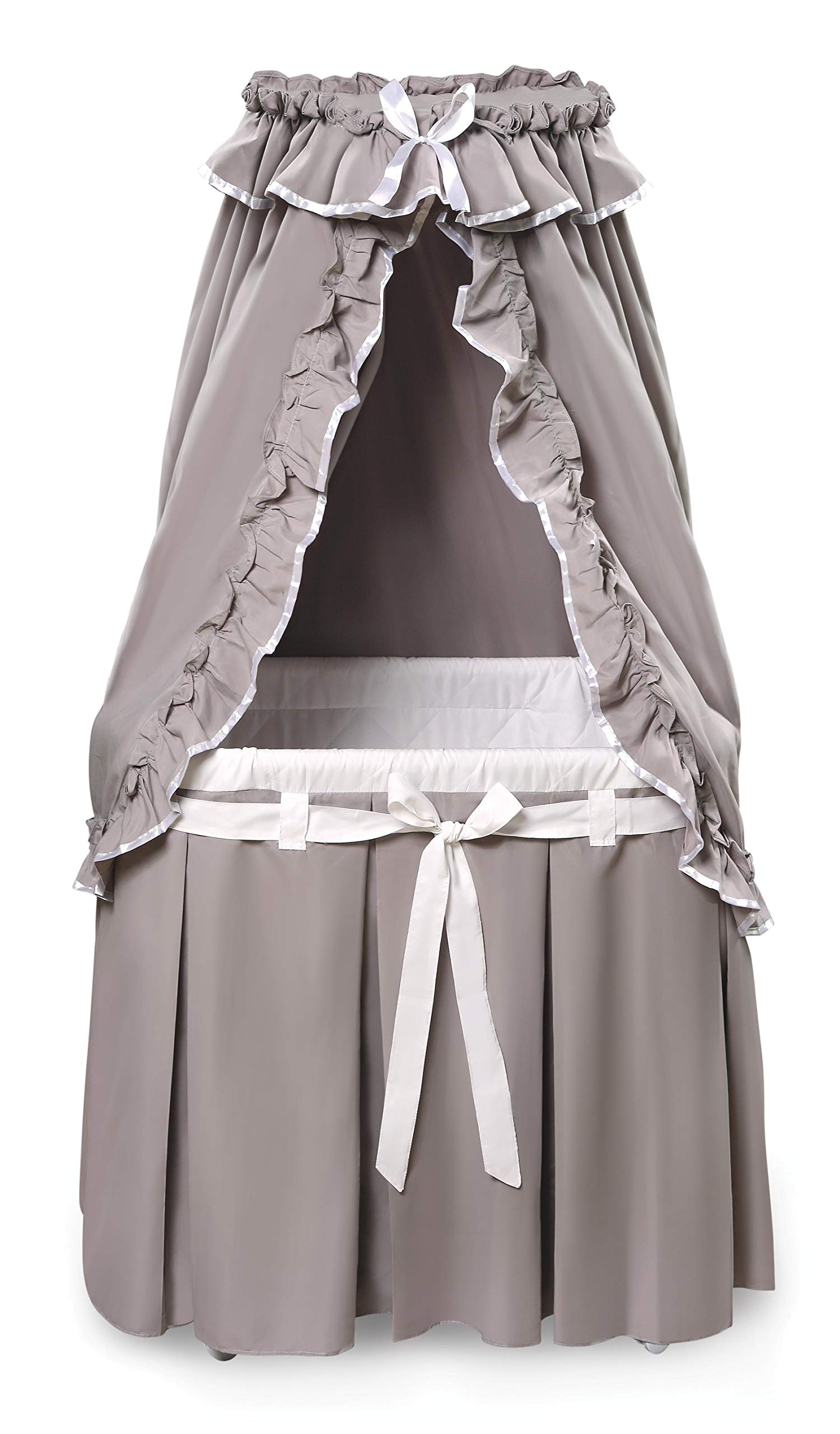 **Badger Basket Majesty Canopy Bassinet – Rocking Baby Cradle Bed with Mattress, Bedding & Storage – Oval Gray/White – Perfect for Nursery, Bedroom & Travel**