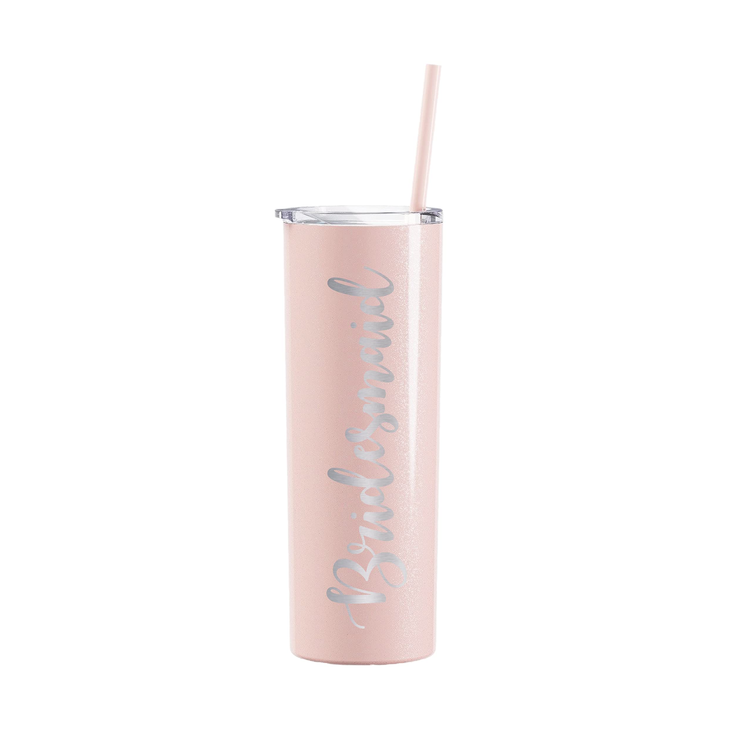 Bridesmaid Stainless Steel Skinny Tumbler - 20oz Insulated Cup with Lid & Straw, Blush Shimmer Finish - Perfect for Weddings, Bridal Showers & Bachelorette Parties