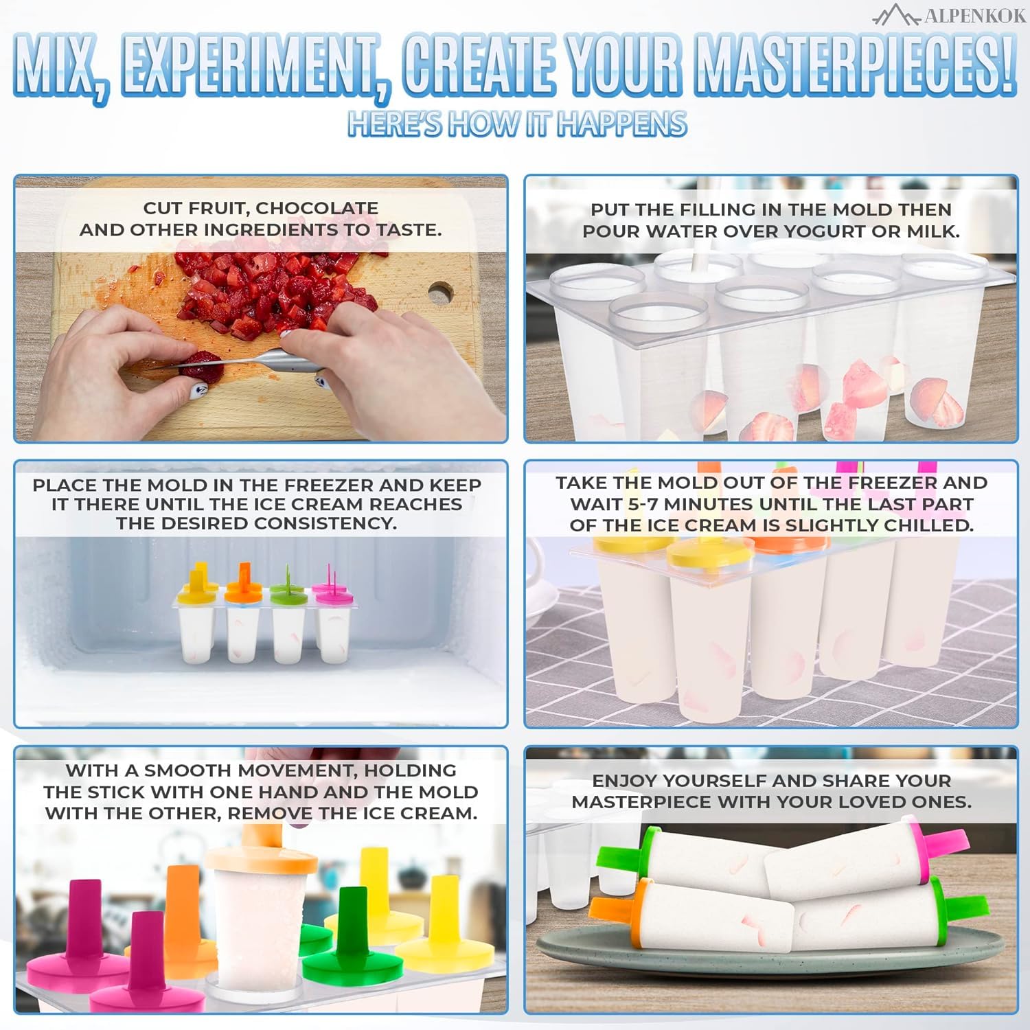 EYUVAA Reusable Plastic Popsicle Molds Set - 8 Ice Pop Makers with Sticks for Homemade Ice Cream, Kulfi & Frozen Treats - BPA-Free Multicolor Ice Cube Tray (Perfect for Summer Parties, Kids Snacks & DIY Desserts)