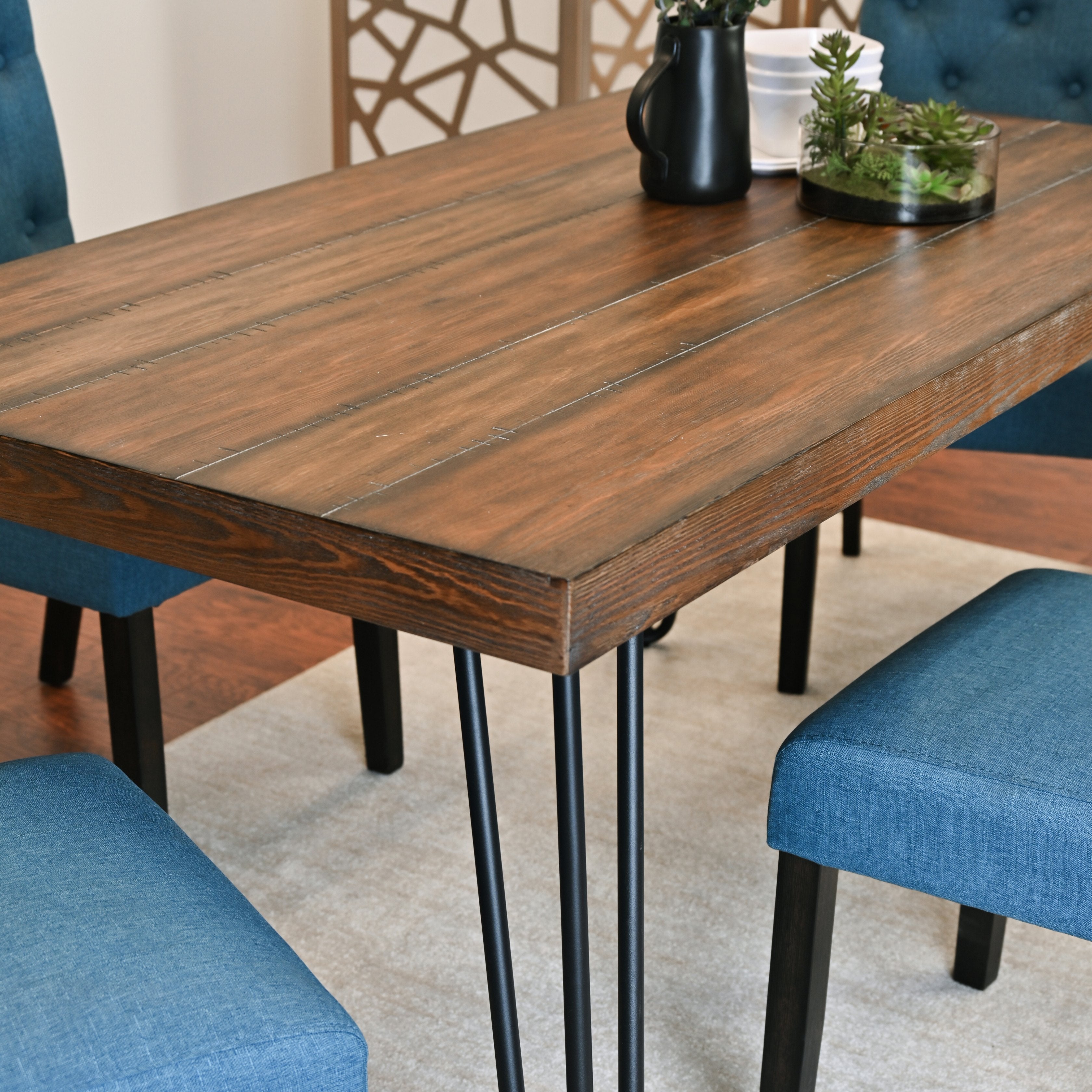 Roundhill Furniture Ashford 6-Piece Dining Set - Hairpin Leg Dining Table with 4 Chairs & Bench - Modern Kitchen & Dining Room Furniture for Small Spaces