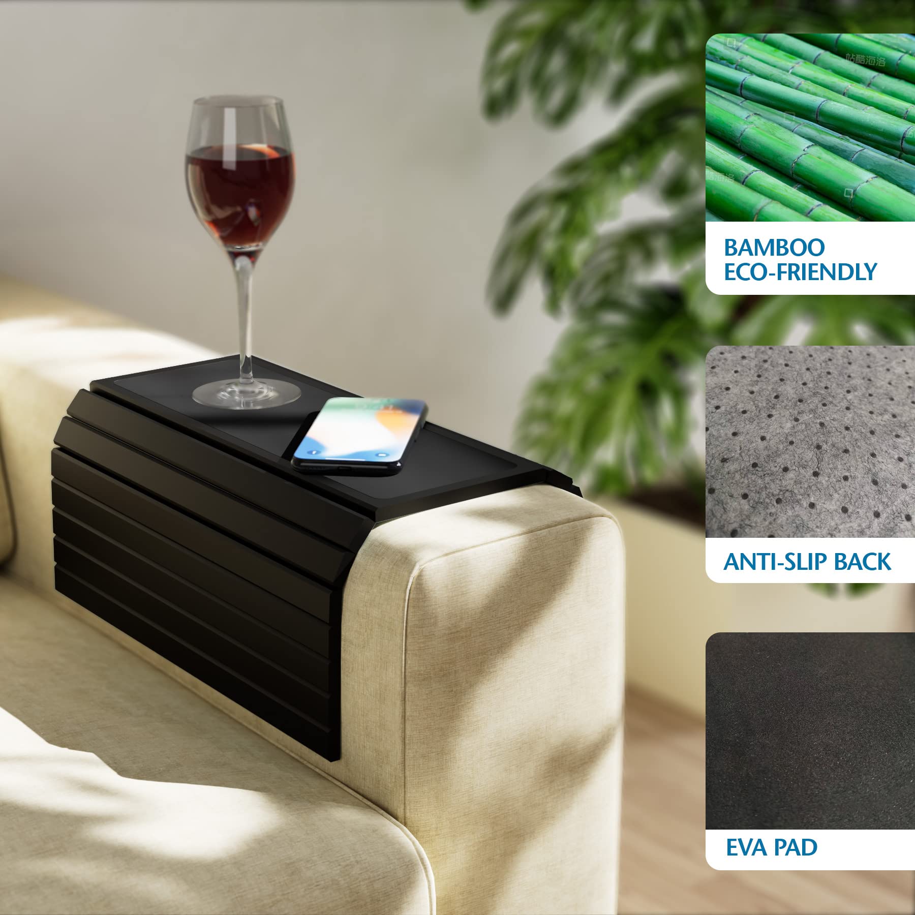 Bamboo Sofa Arm Tray - Foldable Couch Table for Drinks & Snacks - Home Use