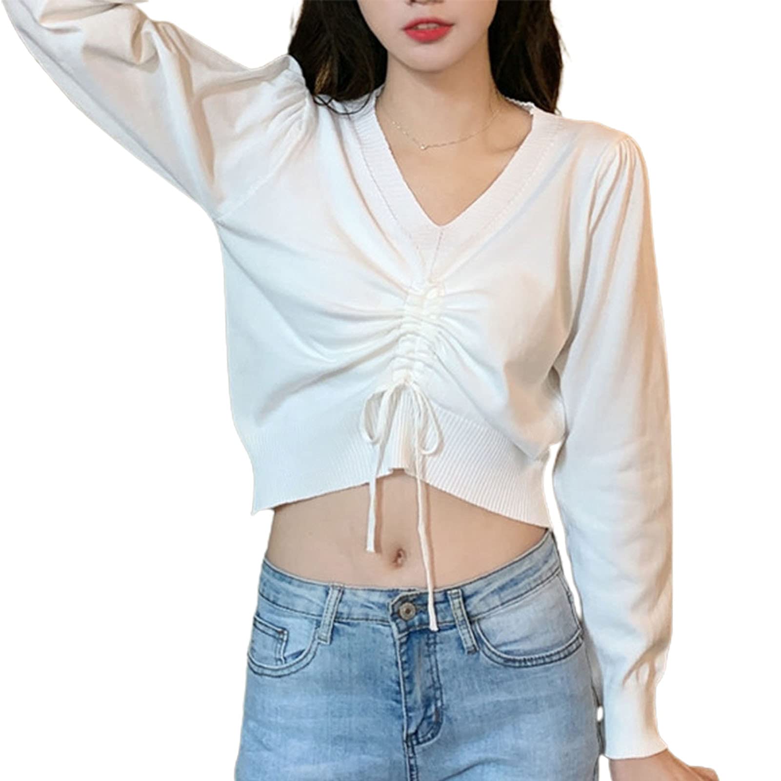 Women's Knitted Crop Top Long Sleeve V Neck Slim Fit Streetwear Sweater - Casual Drawstring Pullover Blouse for Going Out, Dating & Nightlife | Cozy Winter Fashion