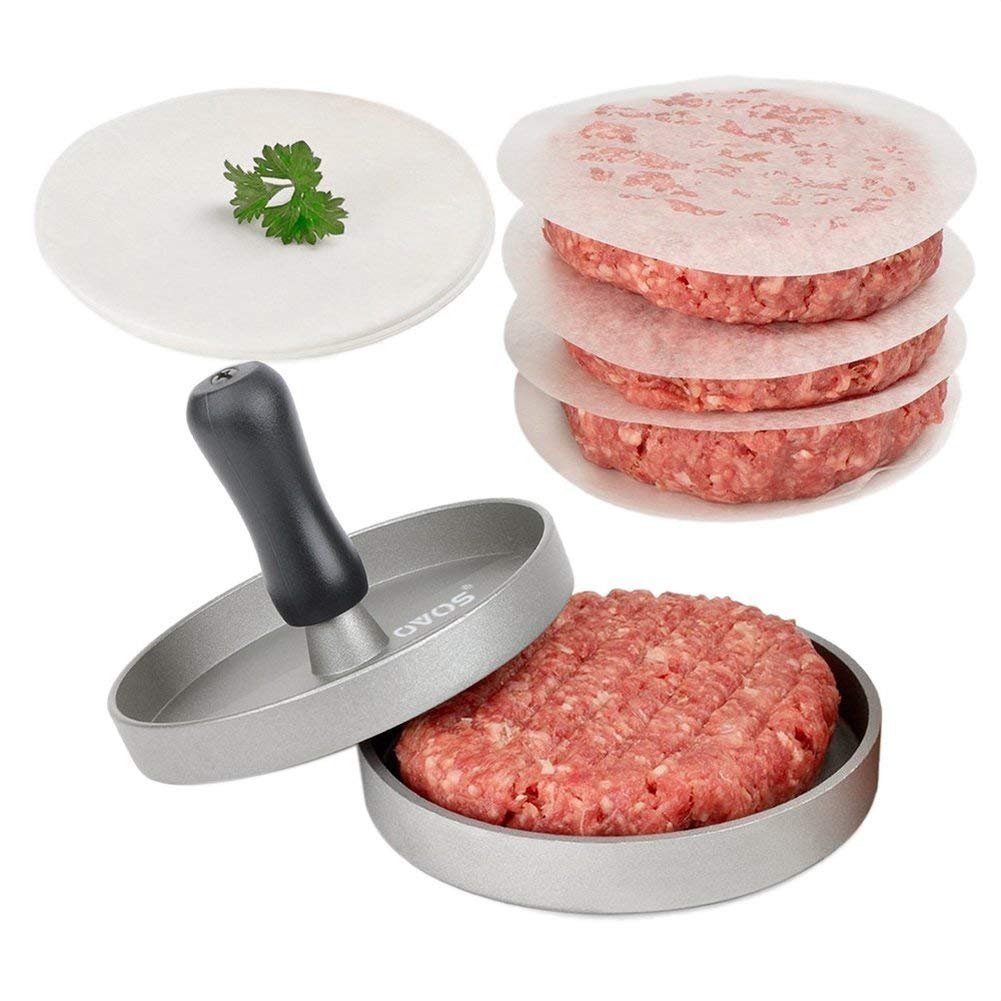 OVOS Aluminum Non-Stick Hamburger Patty Press with 100 Free Wax Papers - Wooden Handle for BBQ, Grilling & Homemade Burgers (Perfect for Backyard Cookouts & Restaurant Use)