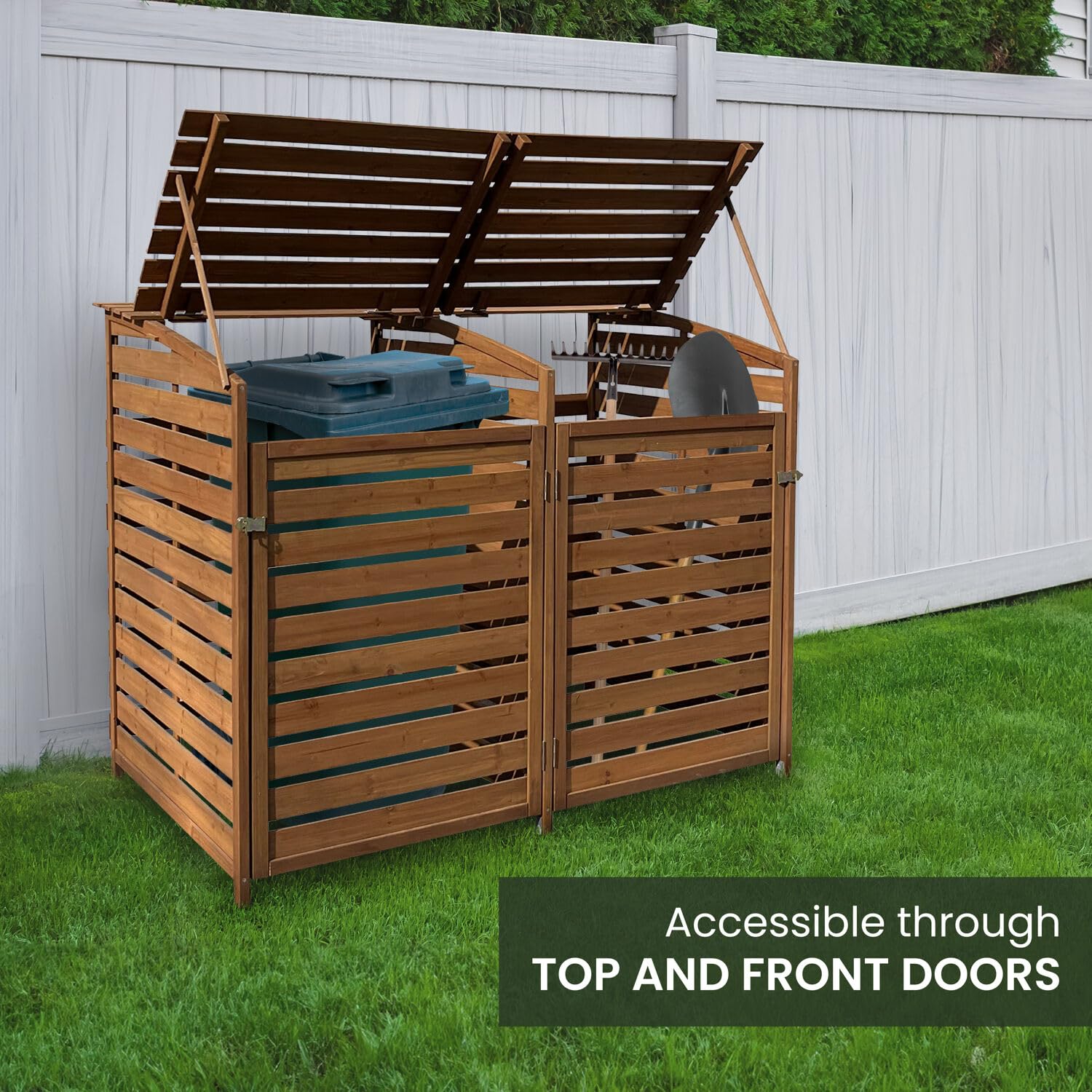 Hanover Outdoor 4.9-ft x 4-ft Weatherproof Wooden Trash Bin & Recycling Storage Shed with Locking Latch - Brown - Perfect for Yard, Carport, Driveway, Garage & Backyard Organization