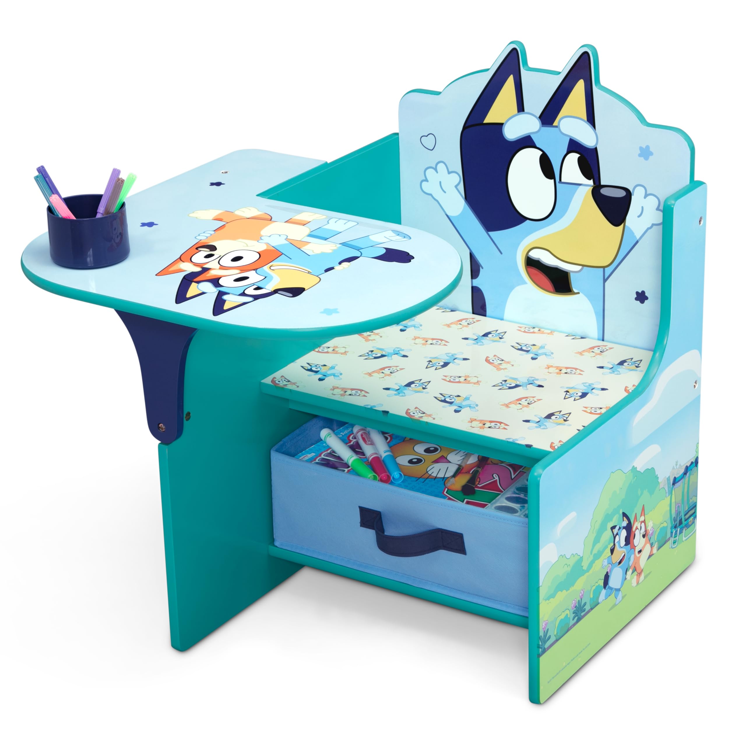 Delta Children Bluey Chair Desk with Storage Bin - Greenguard Gold Certified Kids Study Desk, Blue - Perfect for Homework, Arts & Crafts, and Playroom Organization