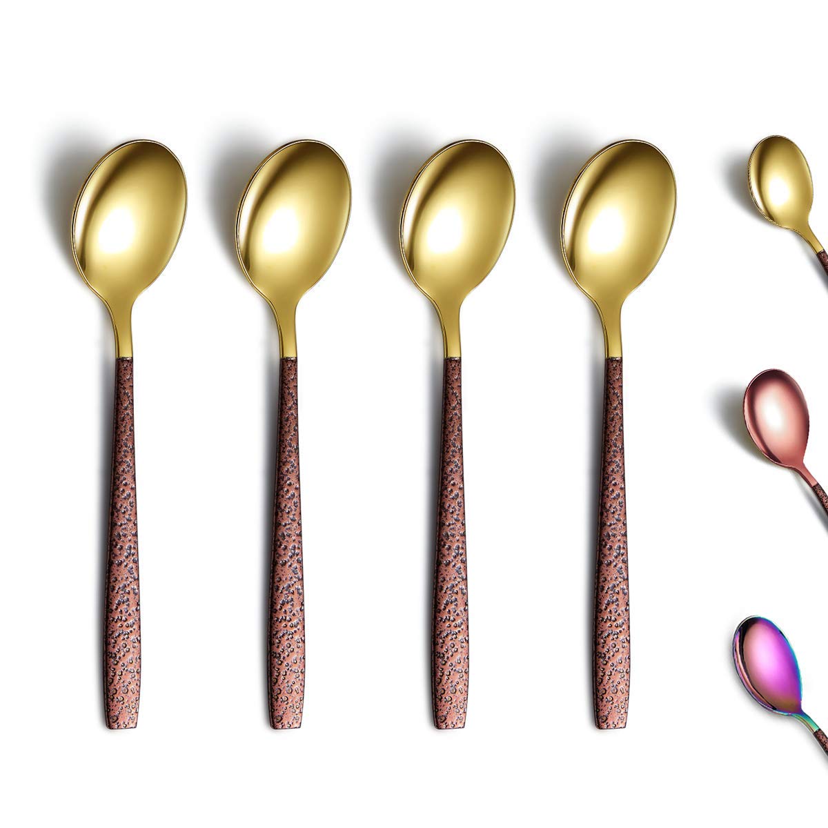 Berglander 4-Piece Tea Spoon Set with Moon Surface Handle & Shiny Gold Head - Stainless Steel Teaspoons for Tea, Coffee, Desserts - Elegant Silverware for Afternoon Tea, Coffee Breaks & Dinner Parties