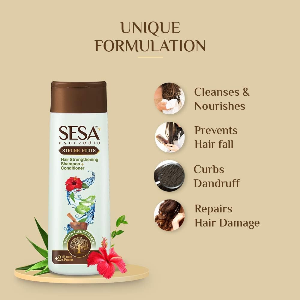 SESA Ayurvedic Strong Roots Hair Shampoo & Conditioner Set - 200ml Paraben & Sulfate Free for Men & Women - Strengthens Hair Roots, Nourishes Scalp - Perfect for Daily Hair Care & Scalp Treatment