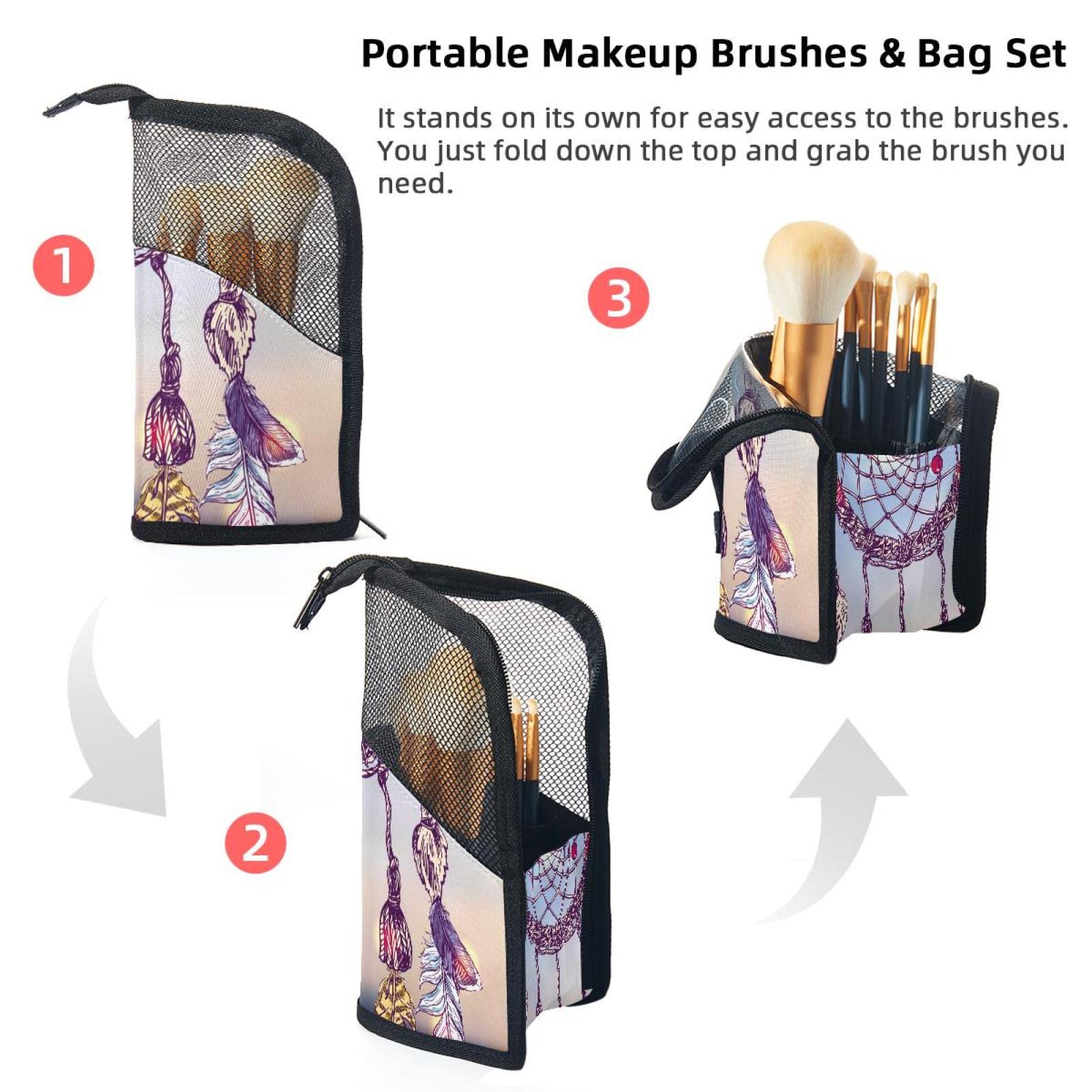 12-Piece Makeup Brush Organizer Bag with Feather Dream Catcher Design - Portable Cosmetic Brush Holder Case for Travel & Home Storage - Perfect for Professional Artists & Beauty Enthusiasts