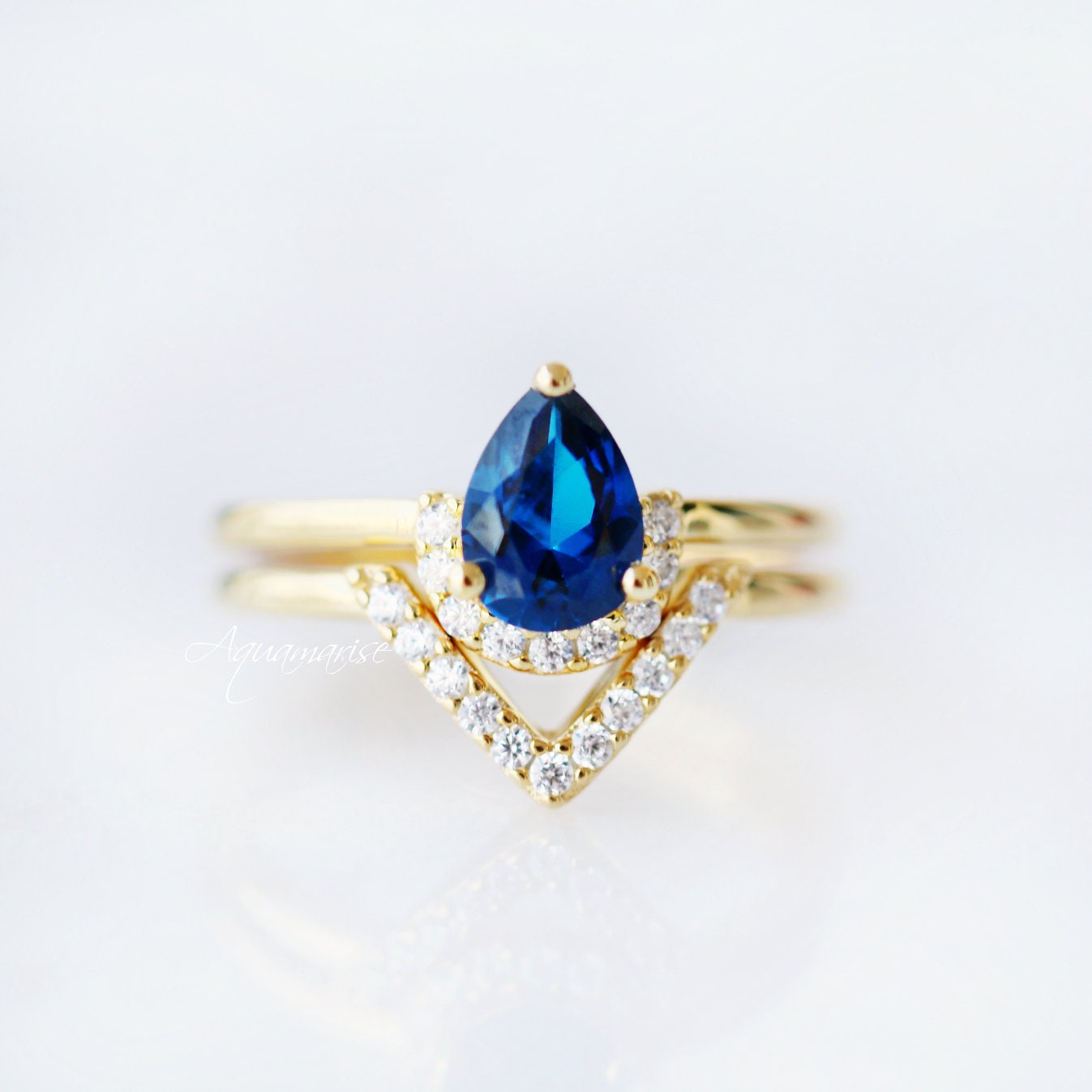 14K Yellow Gold Vermeil Aria Sapphire Ring Set - Elegant Jewelry for Women, Perfect for Engagement, Wedding, Anniversary & Special Occasions