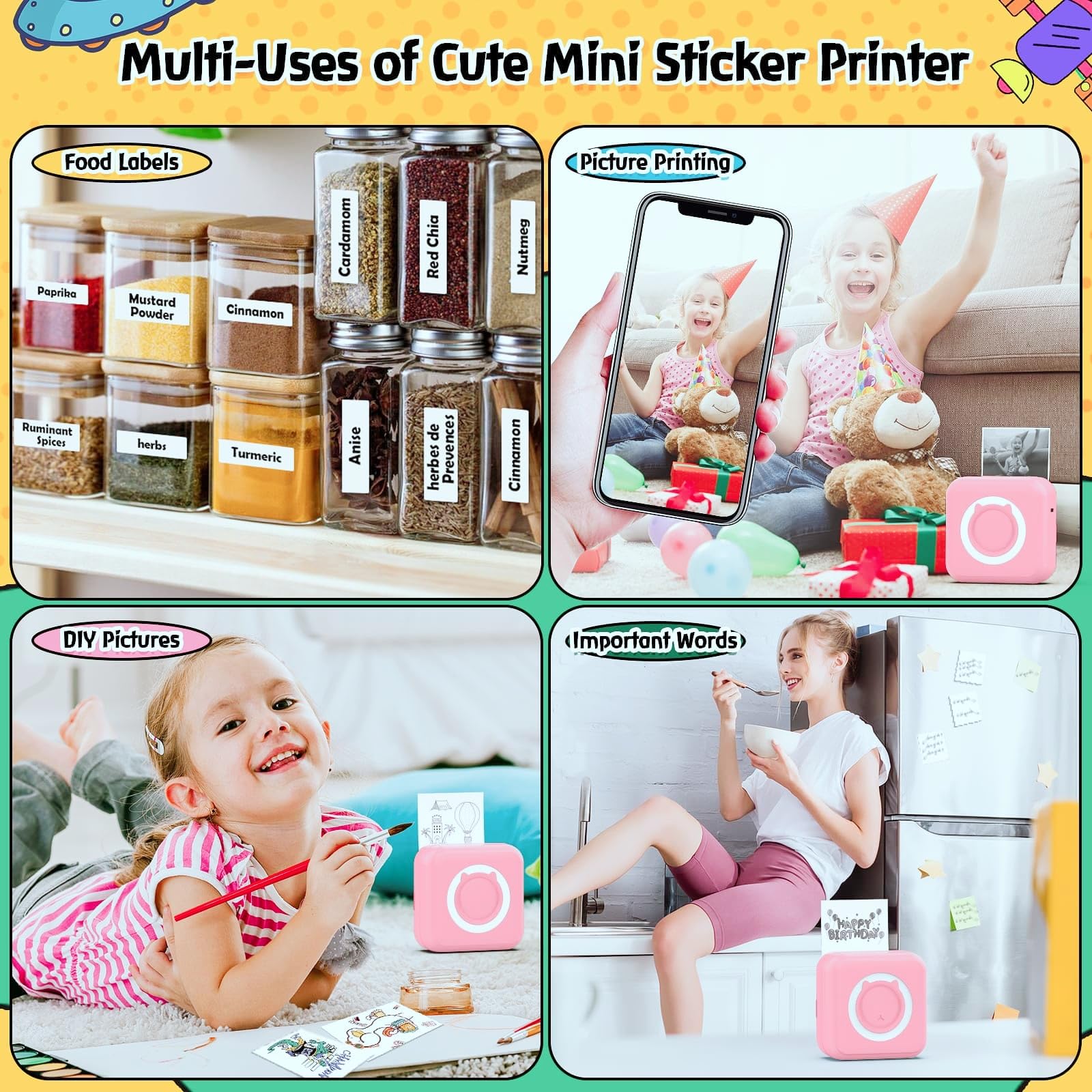 Inkless Sticker Printer for iPhone Android Tablet - Bluetooth Mini Pocket Printer with 8 Rolls Thermal Paper, Portable Printer for School Notes Journal Memo Photos - Perfect for DIY Crafts, Scrapbooking & Home Organization (Pink)
